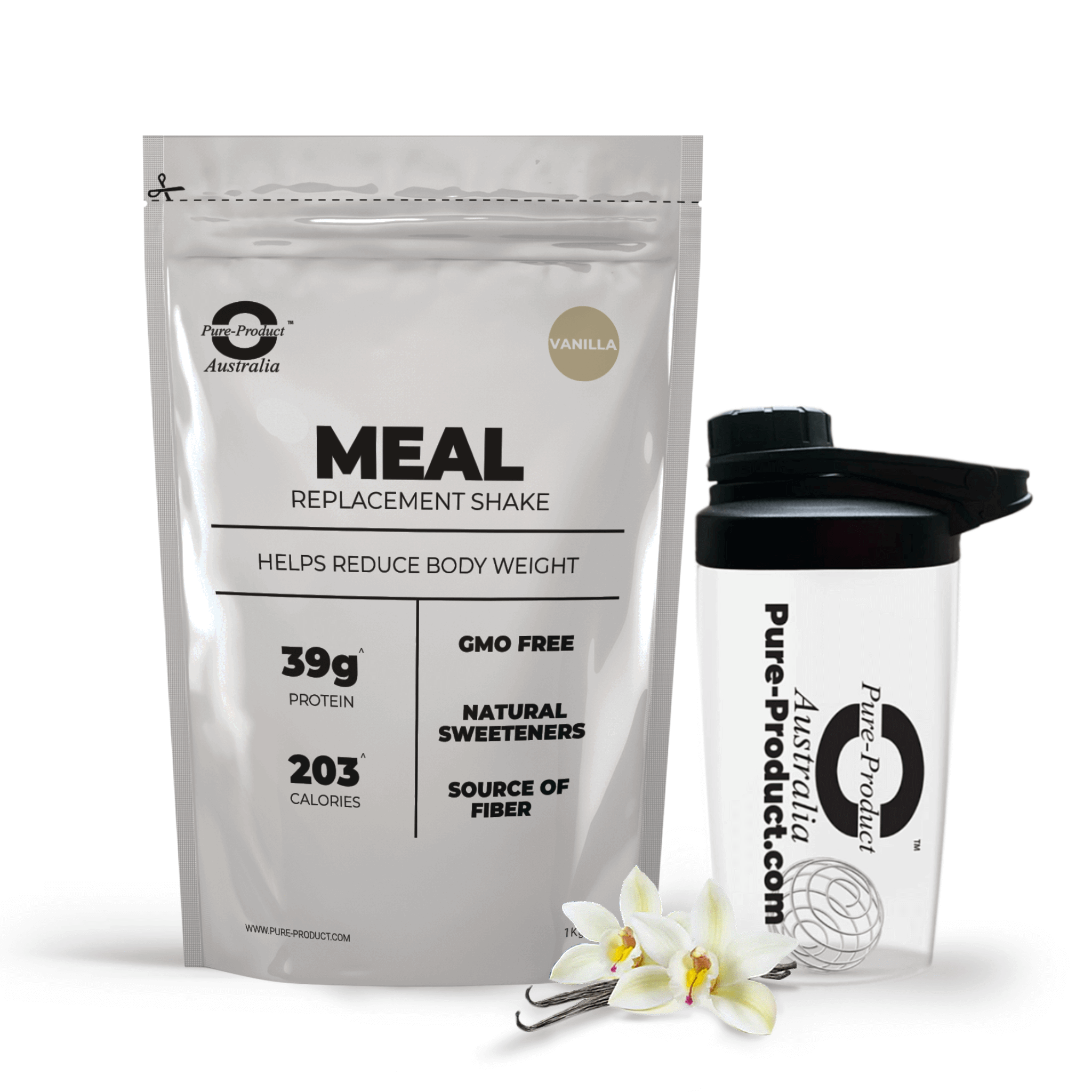 Pure-Product Australia Meal Replacement Shake, vanilla flavor, 39g protein, 203 calories, GMO-free, with shaker, nutritious meal replacement