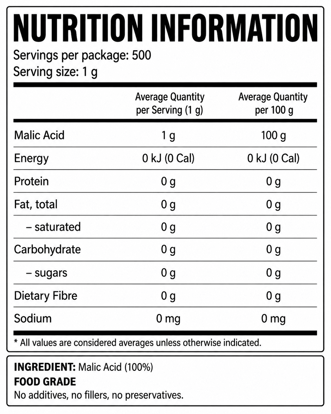 Malic acid powder nutrition information panel with serving size