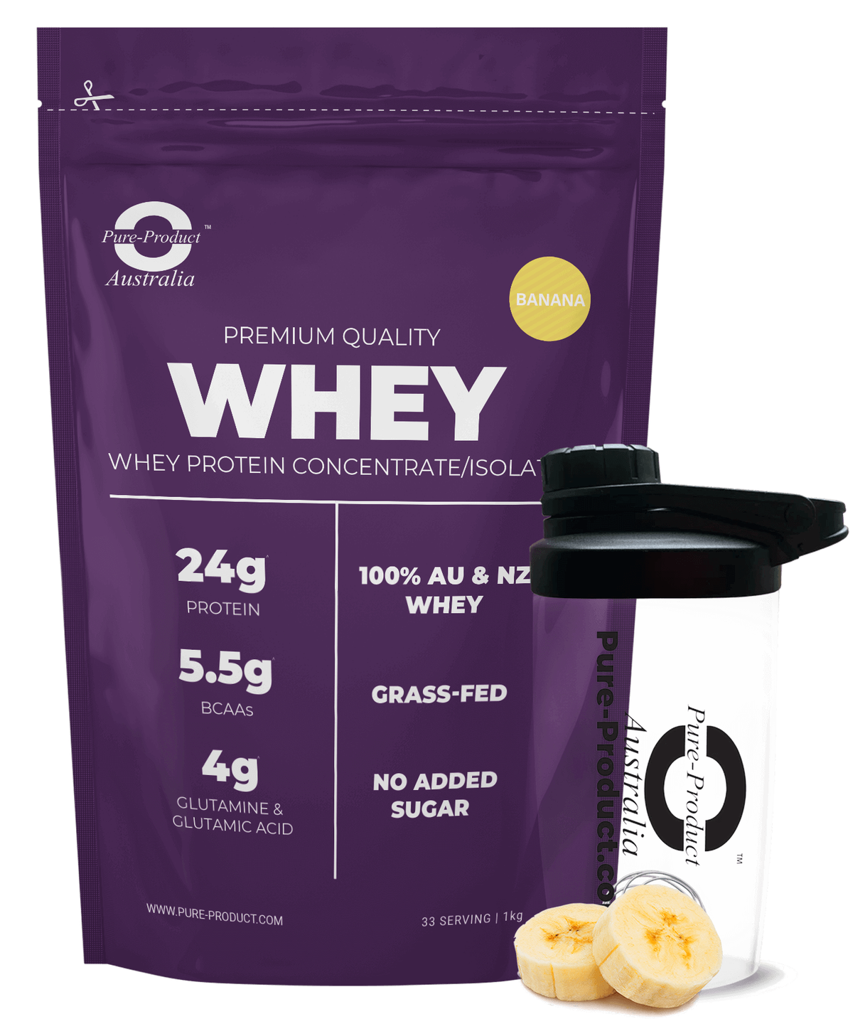 Banana Whey Protein Blend by Pure Product Australia, stevia-sweetened, no artificial sweeteners