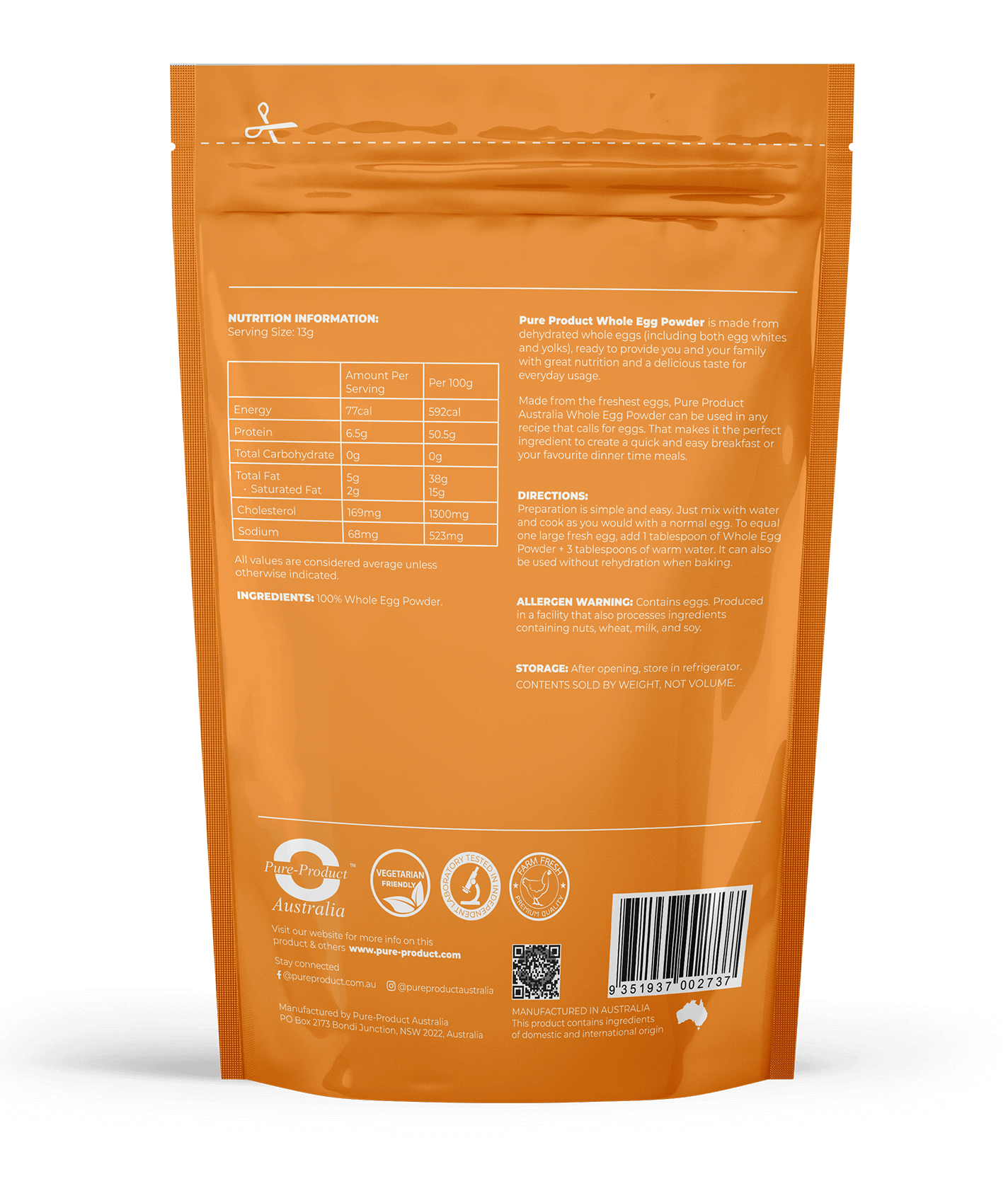 Packaging of Australian-made Pure Product Whole Egg Powder, non-returnable dehydrated whole eggs for nutritious daily use and emergencies