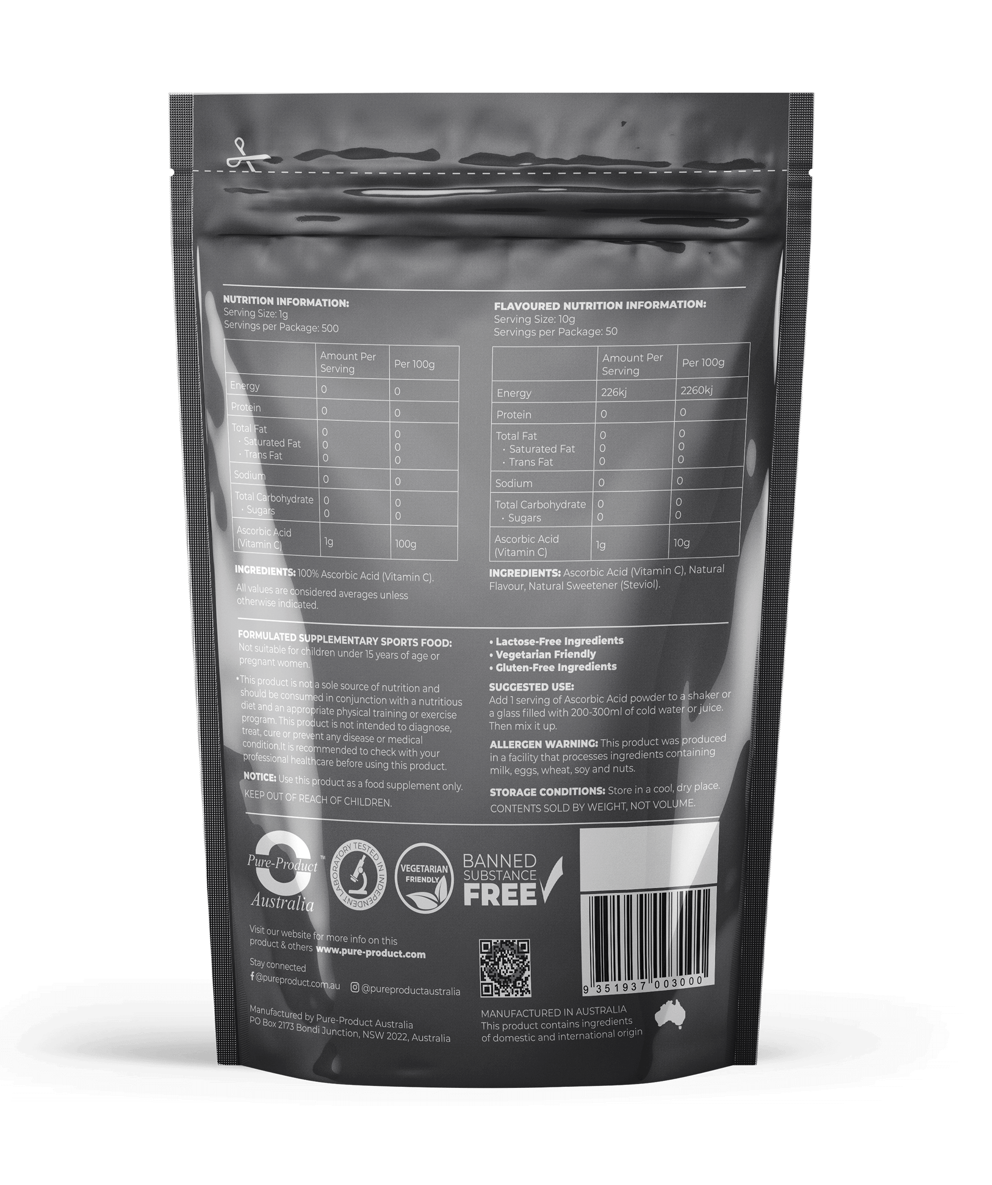 Back view of Ascorbic Acid (Vitamin C) supplement packaging displaying nutritional information and ingredients.