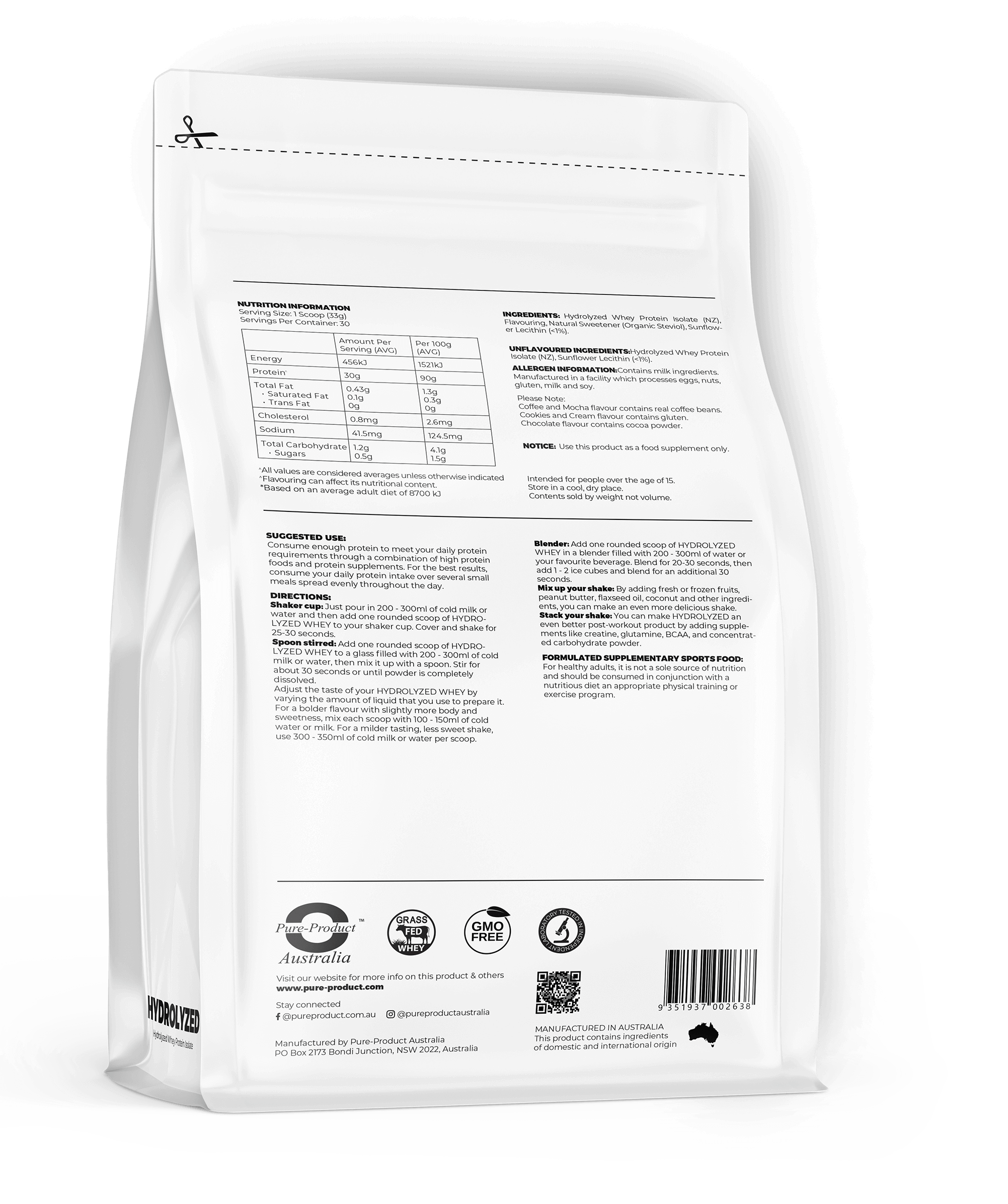 Back packaging of Hydrolyzed Whey Protein Isolate (NZ Grass-Fed) with nutritional information and usage instructions