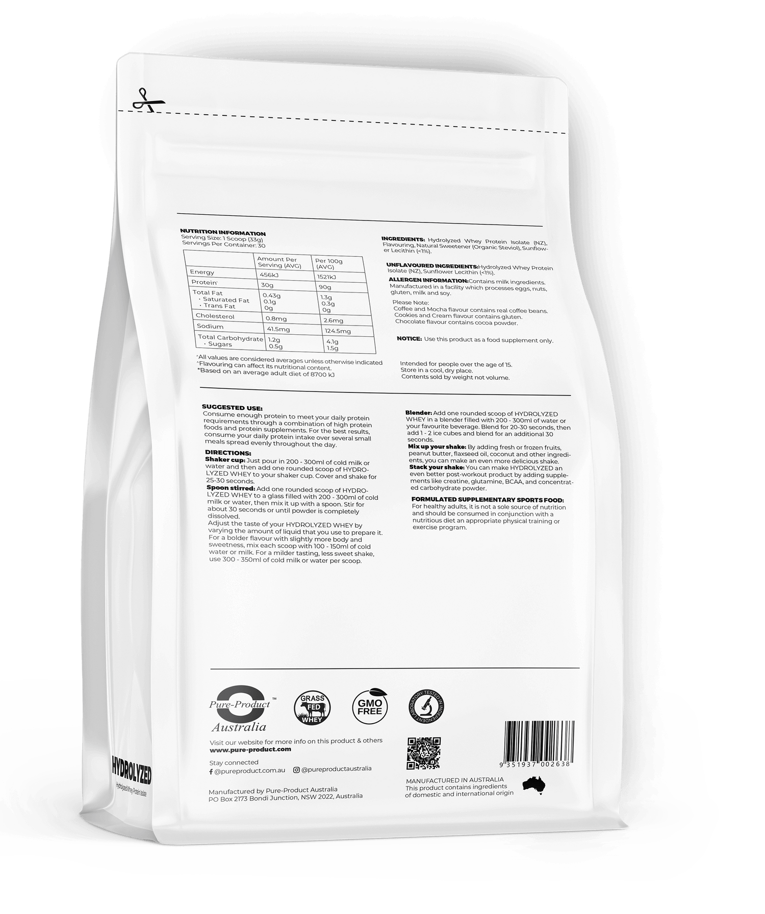 Back packaging of Hydrolyzed Whey Protein Isolate (NZ Grass-Fed) with nutritional information and usage instructions