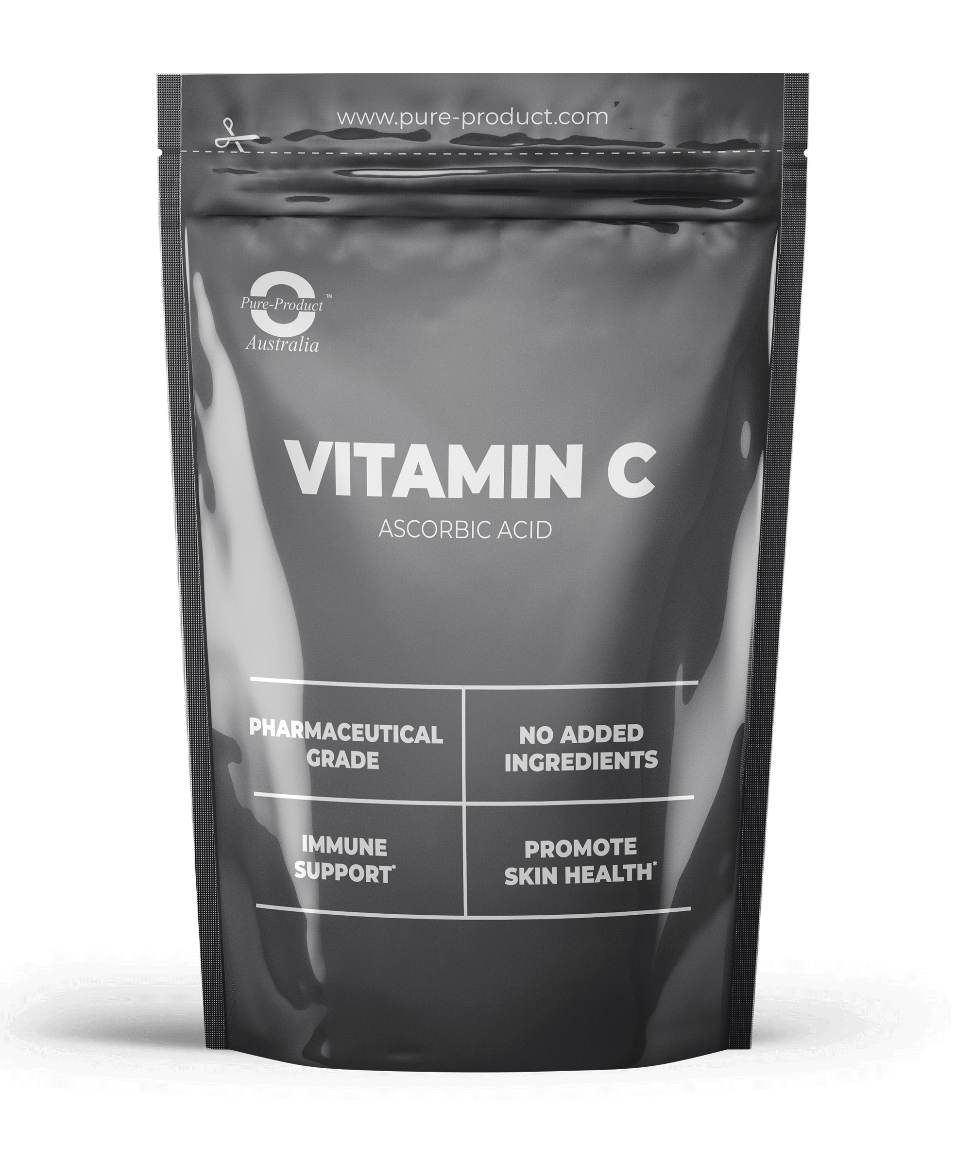 Black pouch of Ascorbic Acid Vitamin C supplement for immune support and skin health with no added ingredients.