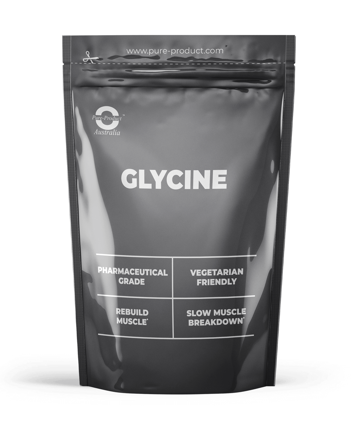 Glycine powder supplement in black packaging for muscle health and vegetarian-friendly diet