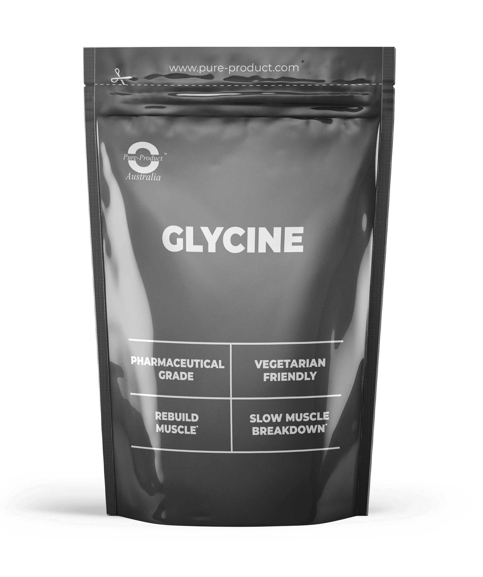 Glycine powder supplement in black packaging for muscle health and vegetarian-friendly diet