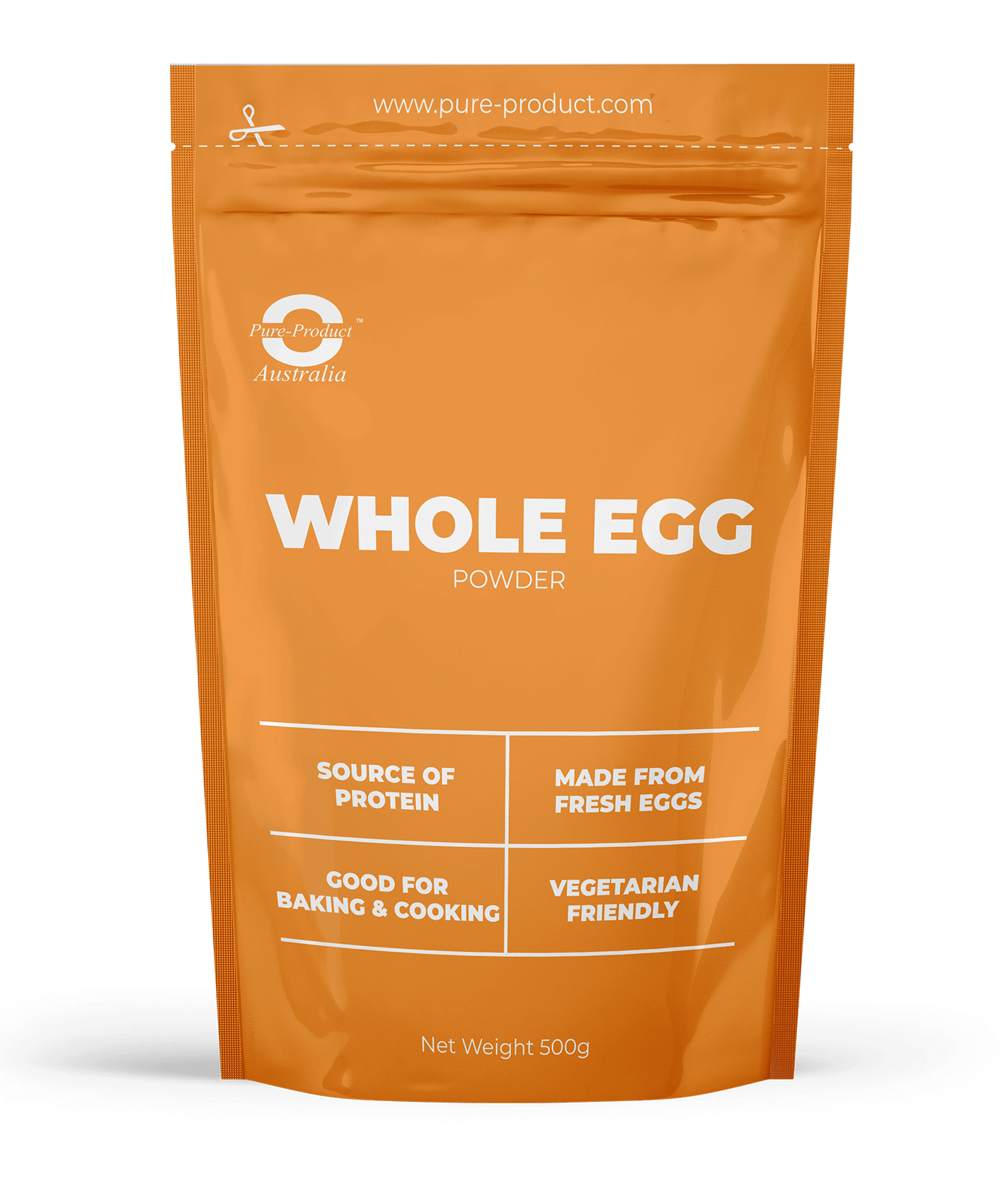 Whole Egg Powder 500g bag made in Australia from fresh eggs, great for baking, cooking, protein source, and vegetarian friendly.