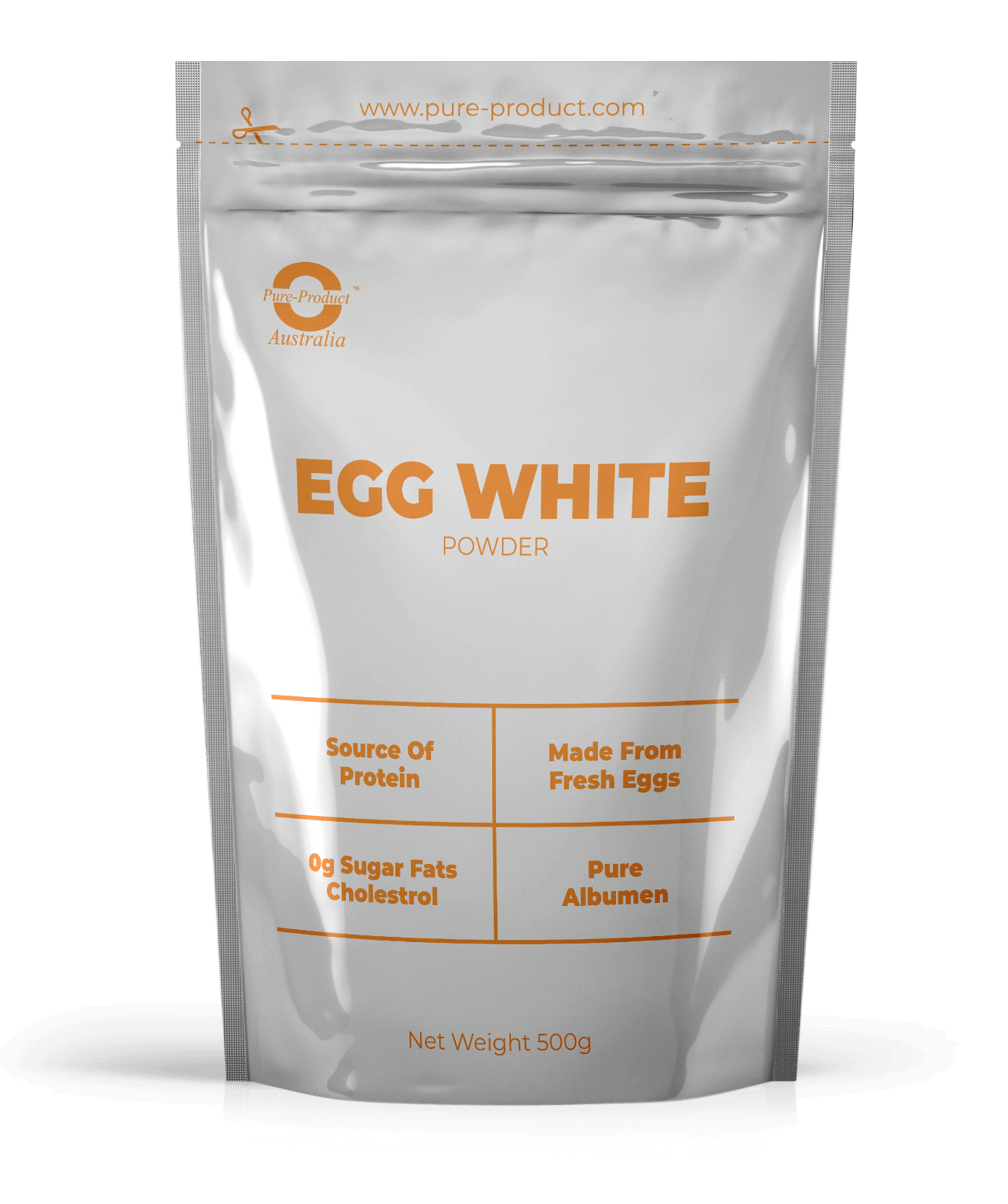 High-Protein Pure Product Australia Egg White Powder in 500g pack, made from fresh eggs, no sugar, fat, or cholesterol