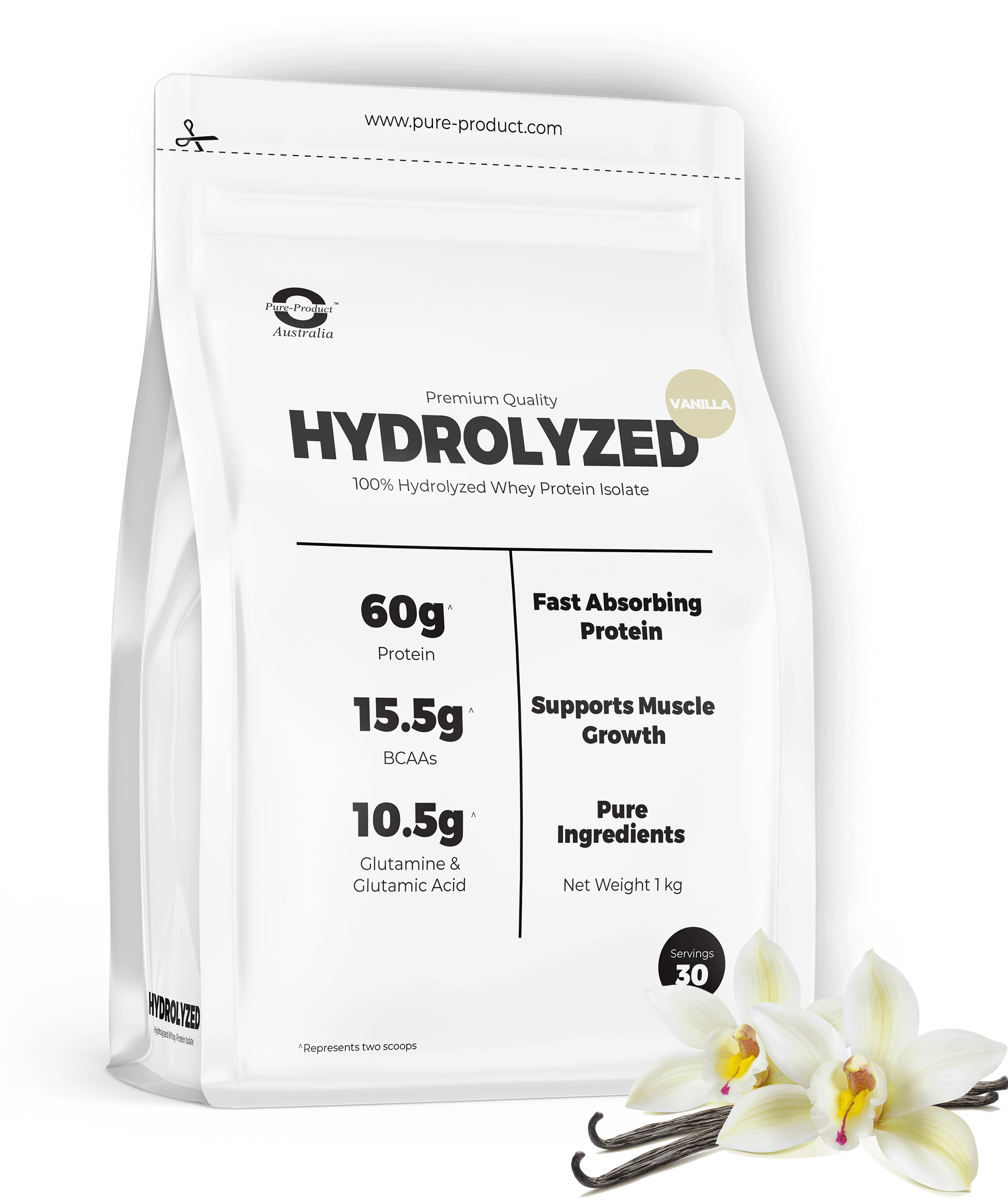 Hydrolyzed Whey Protein Isolate (HWPI) Vanilla - 60g Protein, 15.5g BCAAs, 10.5g Glutamine, Fast Absorbing, NZ Grass-Fed Protein Powder