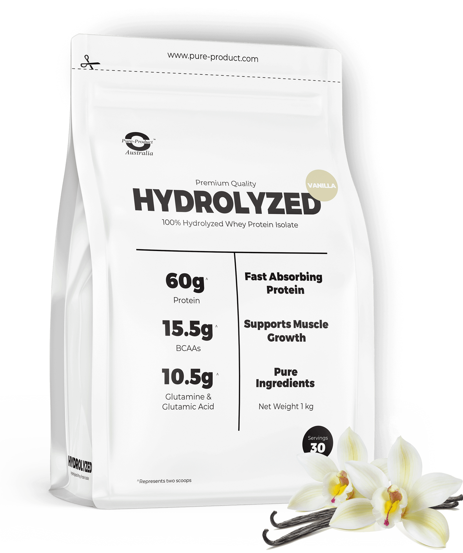 Hydrolyzed Whey Protein Isolate (HWPI) Vanilla - 60g Protein, 15.5g BCAAs, 10.5g Glutamine, Fast Absorbing, NZ Grass-Fed Protein Powder