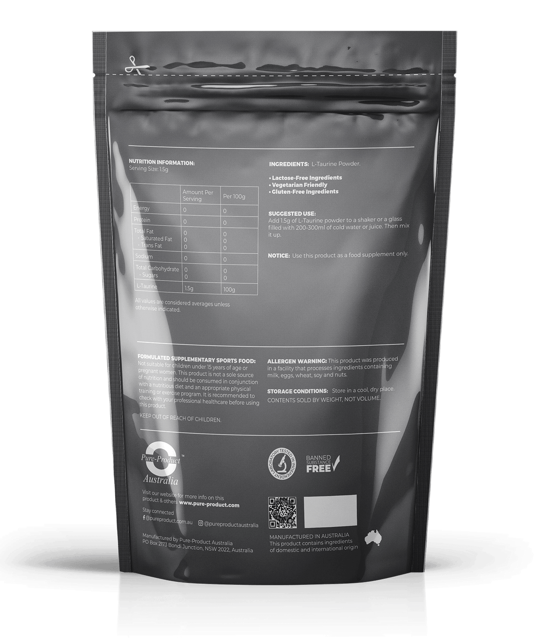 Back view of Taurine supplement package showing nutrition and ingredients information.