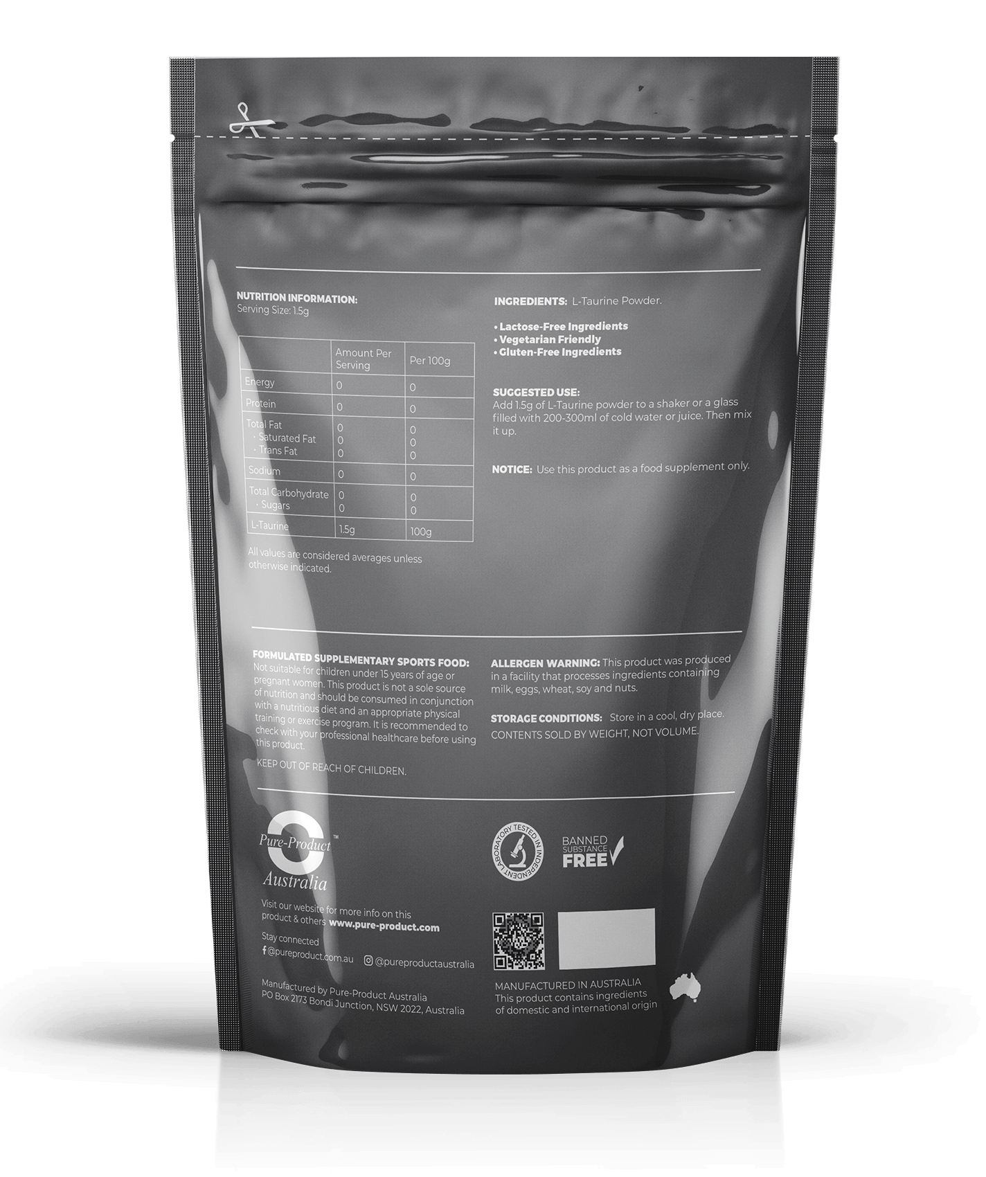 Back view of Taurine supplement package showing nutrition and ingredients information.