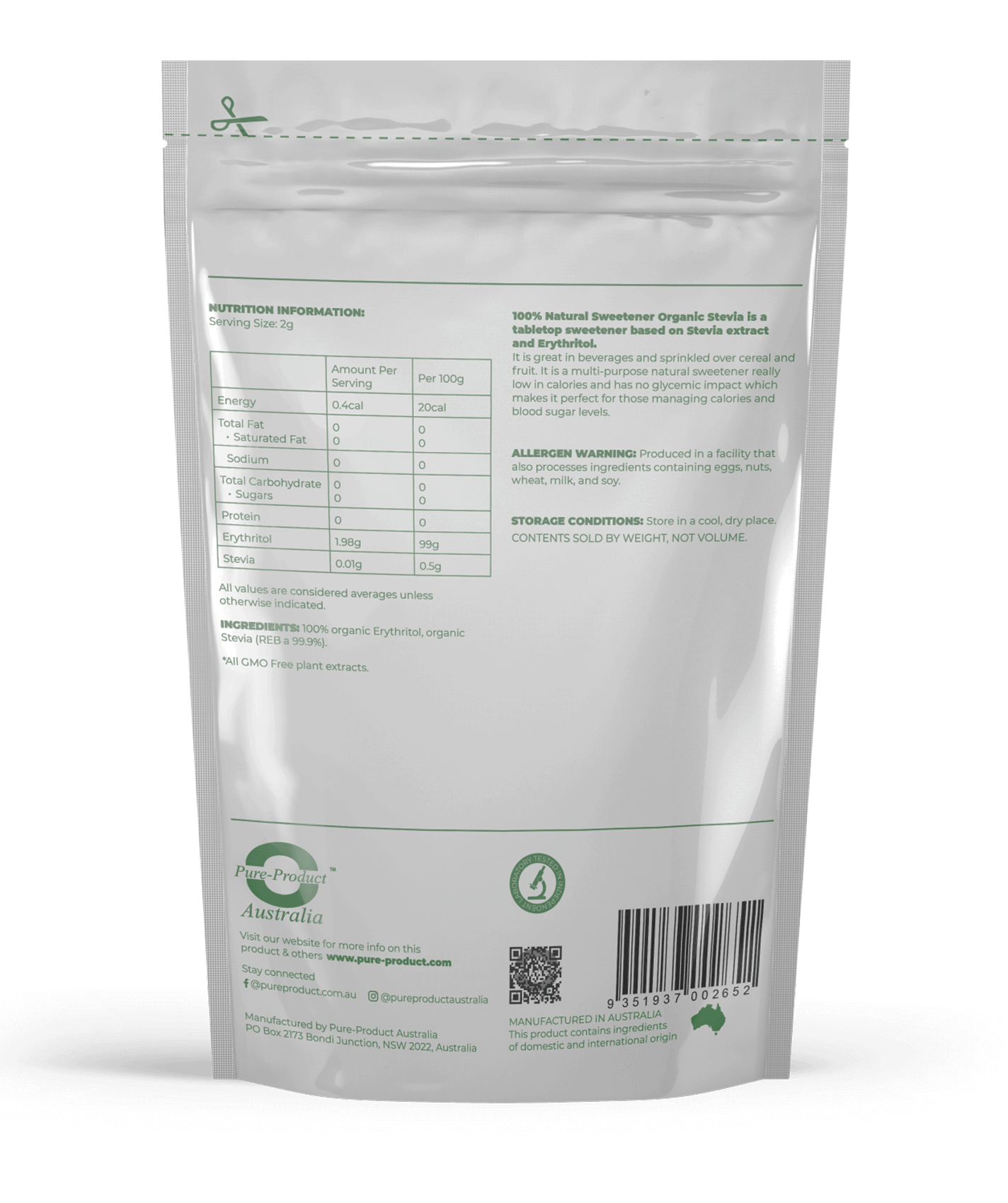 Back view of Organic Stevia 100% Natural Sweetener package showing nutritional information and product details.