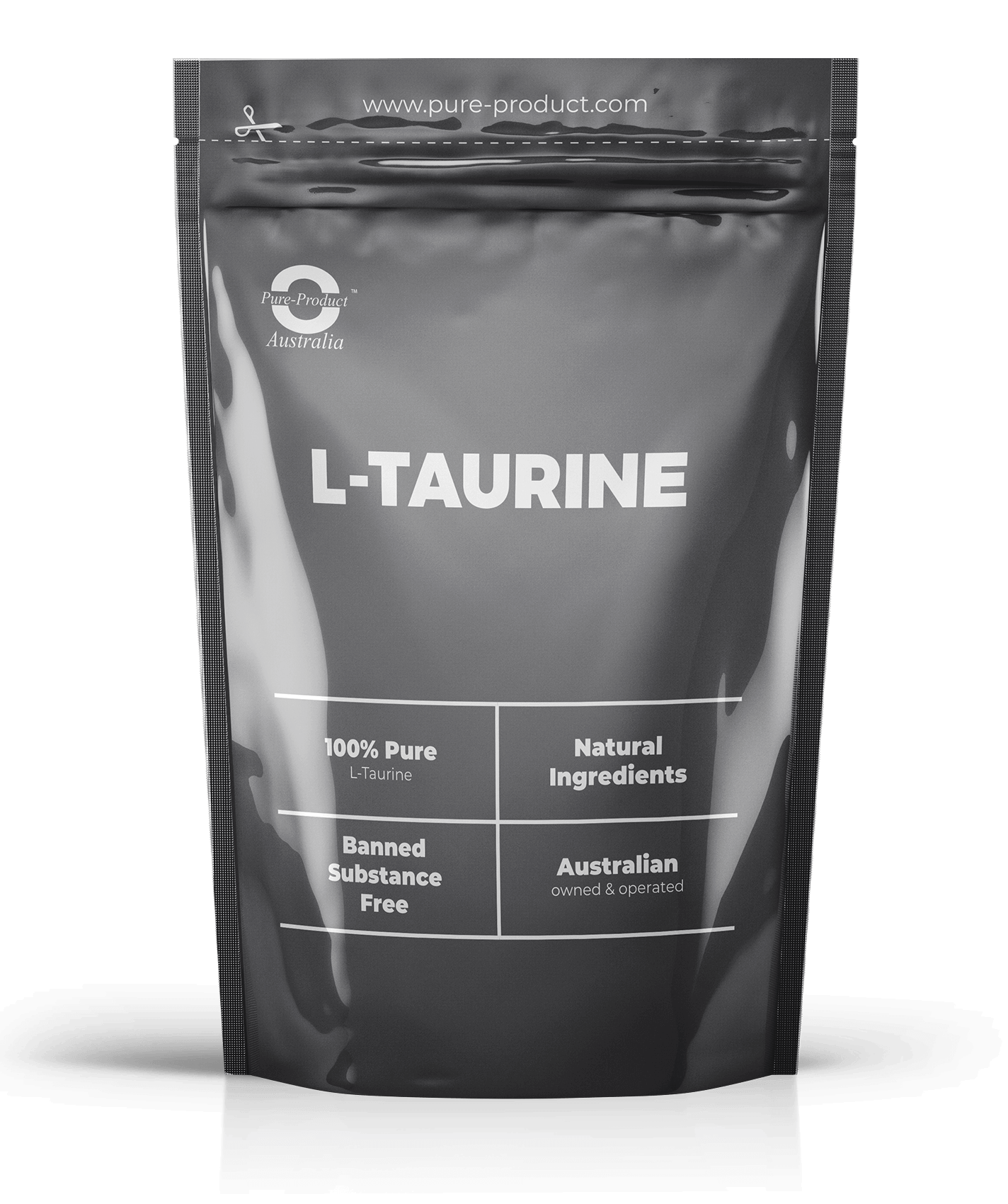 L-Taurine supplement package, 100% pure, natural ingredients, banned substance free, Australian owned and operated