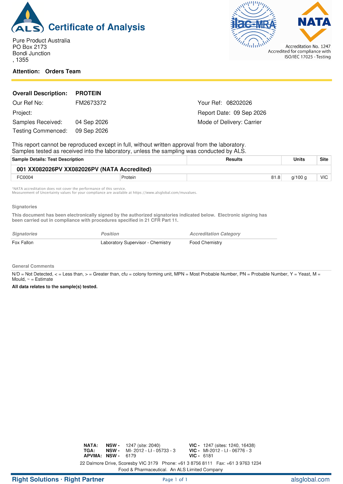 Plant Protein Certificate of Analysis, August 2026