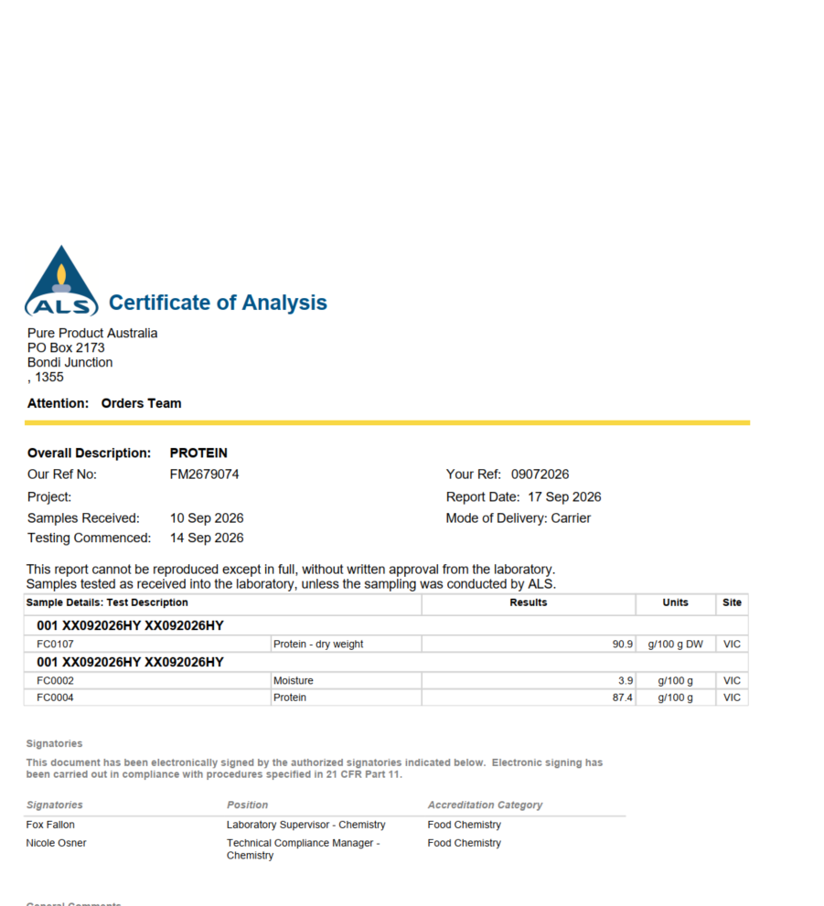 Hydrolyzed Whey Protein Isolate - Certificate of Analysis, September 2026