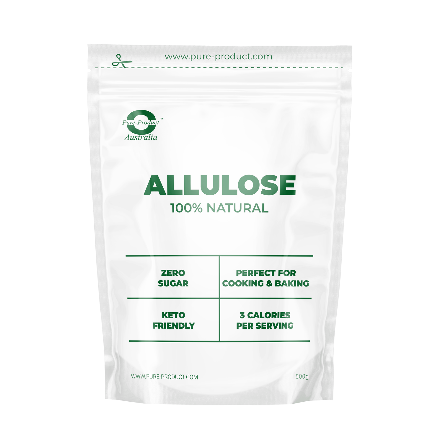 Allulose powder photographed on a white background.