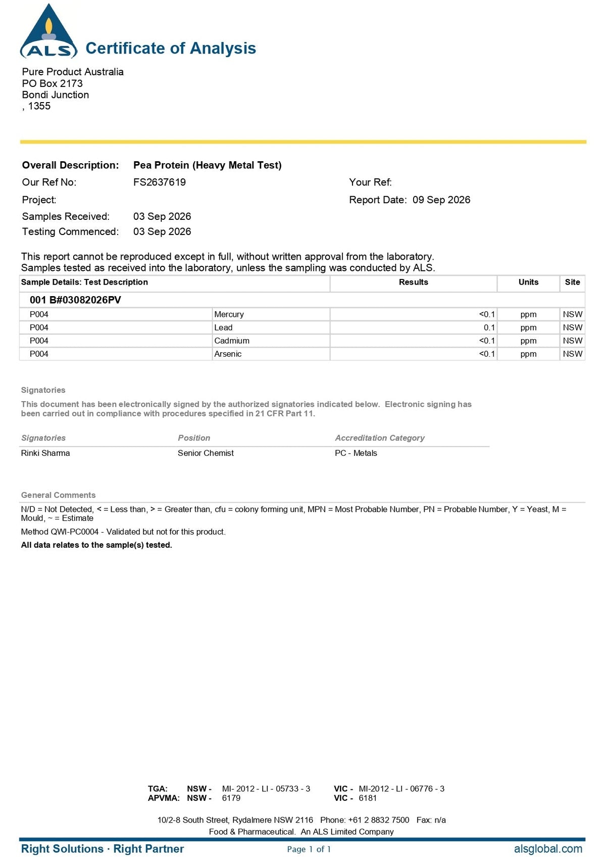 Plant Protein Certificate of Analysis, September 2026