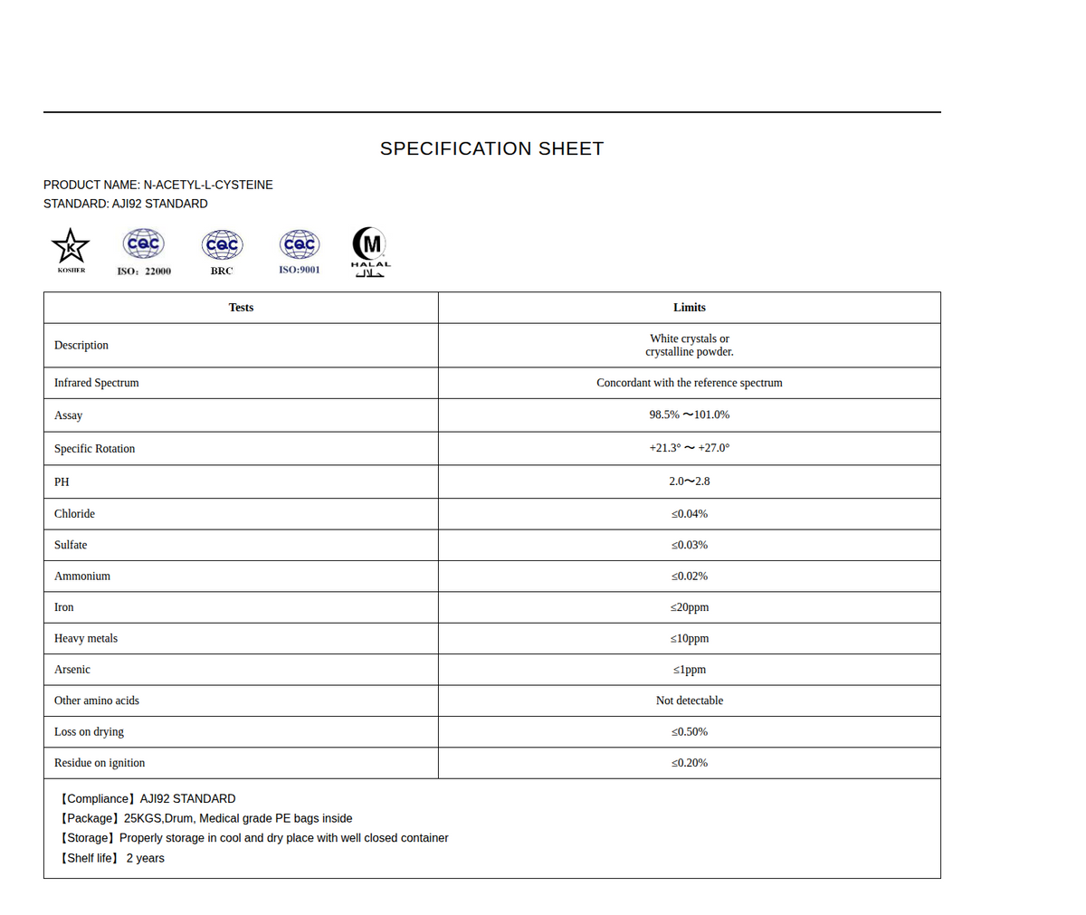 N-Acetyl-L-Cysteine (NAC) Certificate of Analysis, September 2026