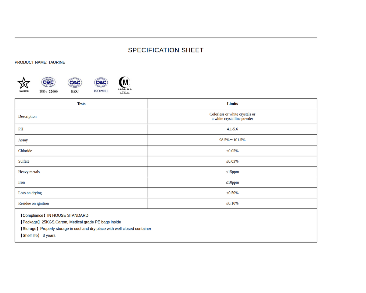 Taurine Certificate of Analysis, September 2026