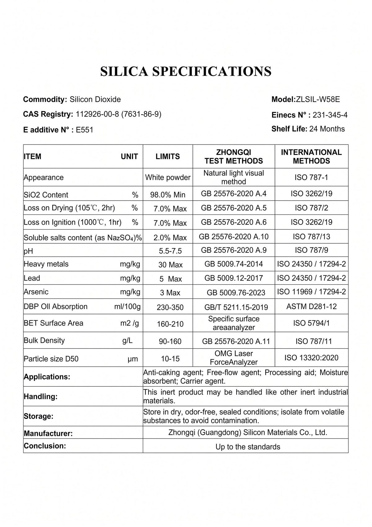 Food Grade Silicon Dioxide E551  Lab Test Results 092026