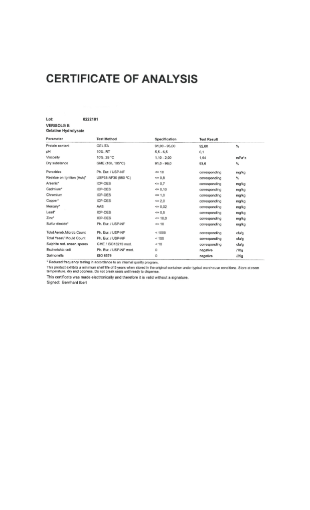 Verisol Collagen Peptides Certificate of Analysis, September 2026