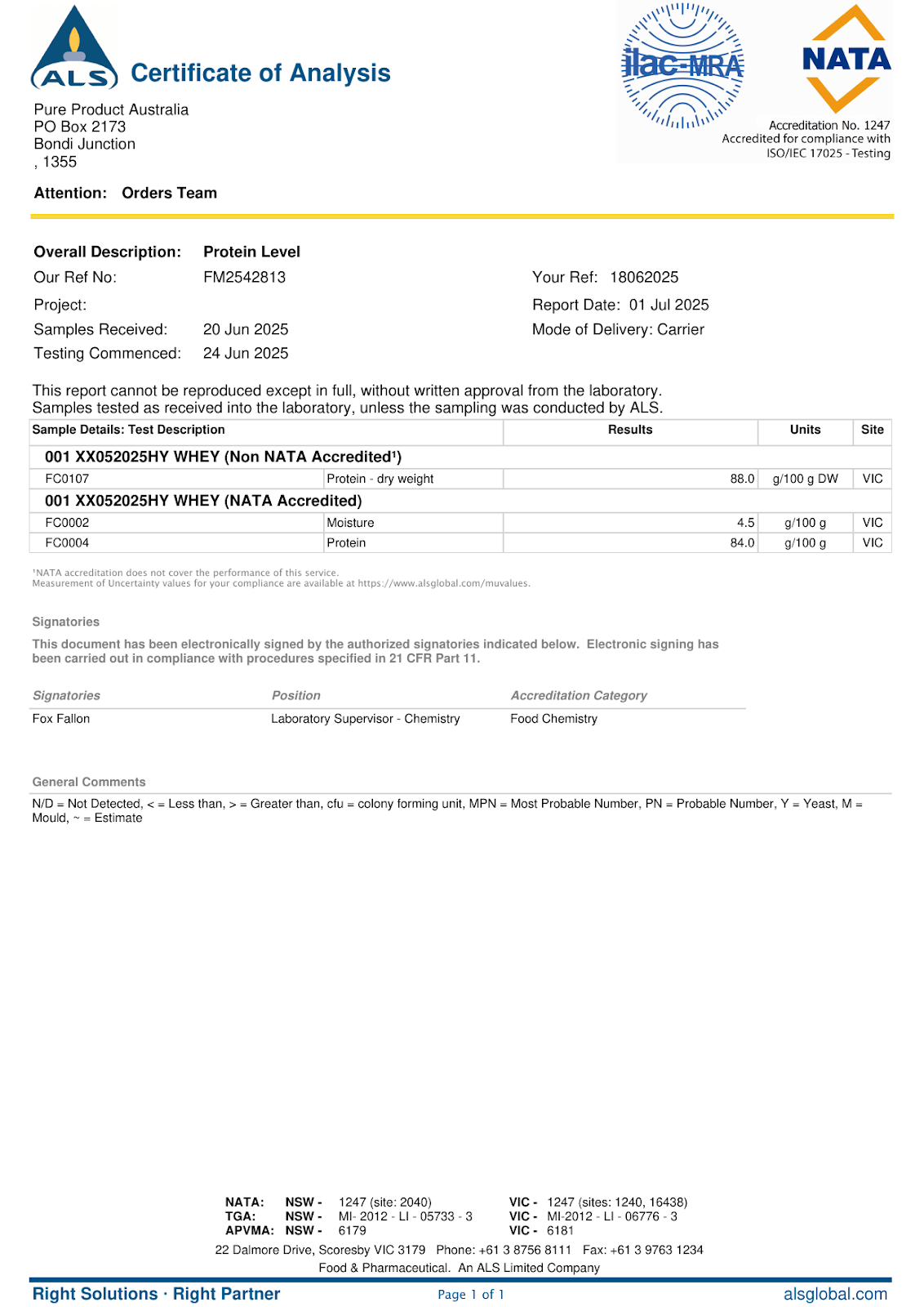 Hydrolyzed Whey Protein Isolate Certificate of Analysis, May 2025