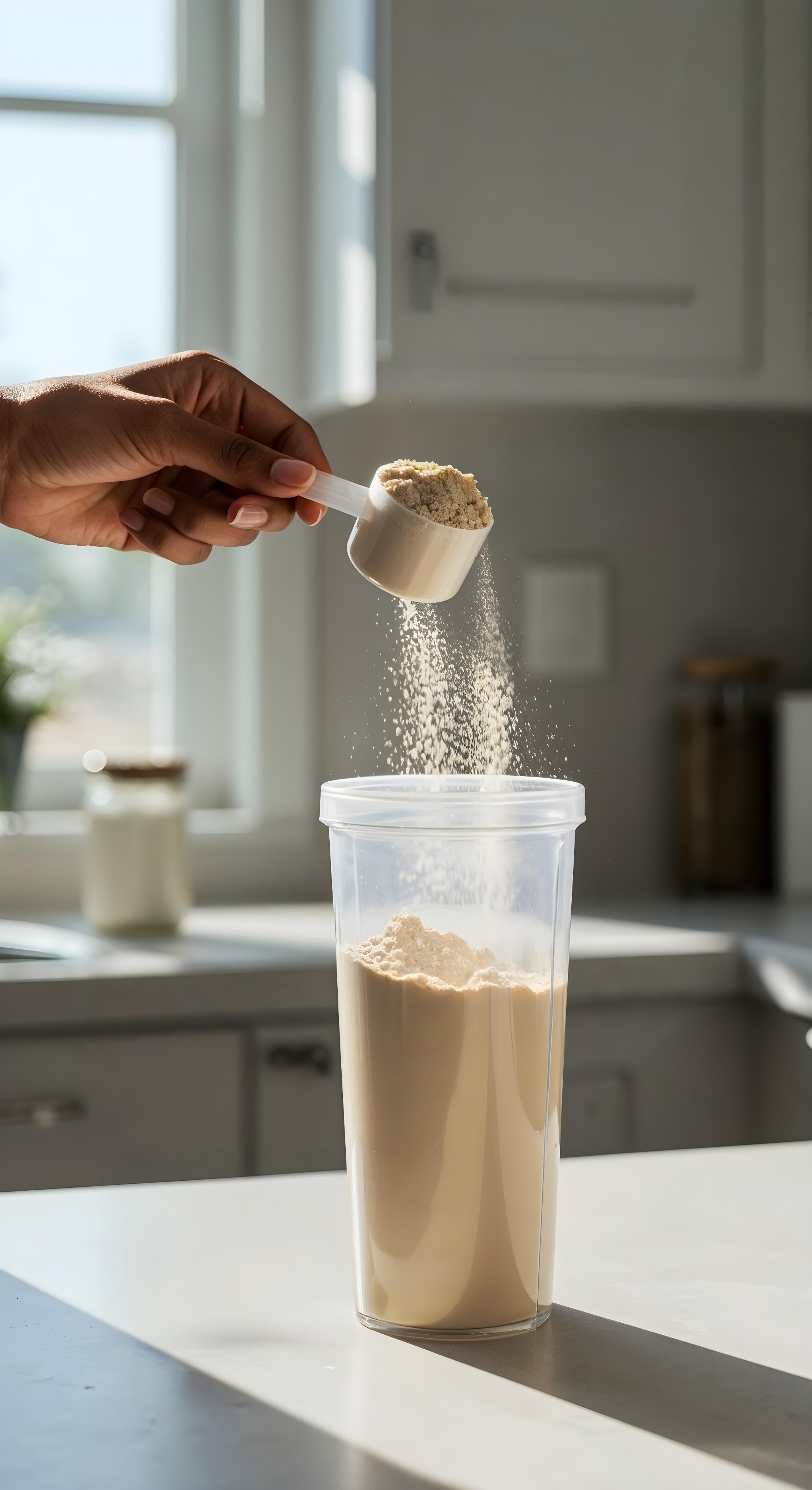 A person adding whey protein powder to a shaker in a bright kitchen, highlighting a whey protein guide.