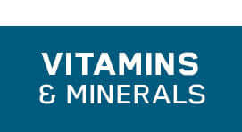 Logo for VITAMINS & MINERALS collection featuring bold text on a blue background.