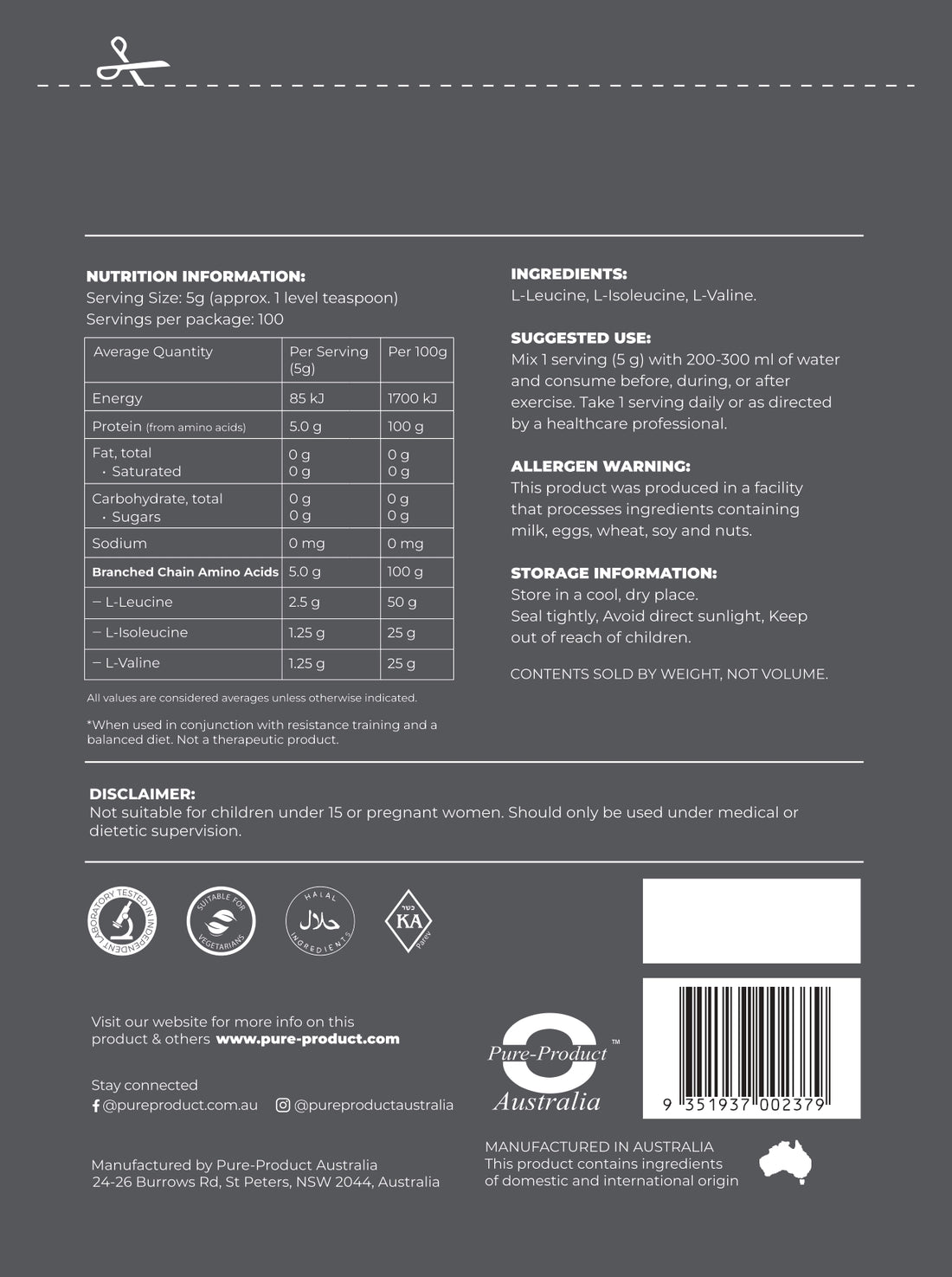 BCAA 2:1:1 powder Pure Product Australia