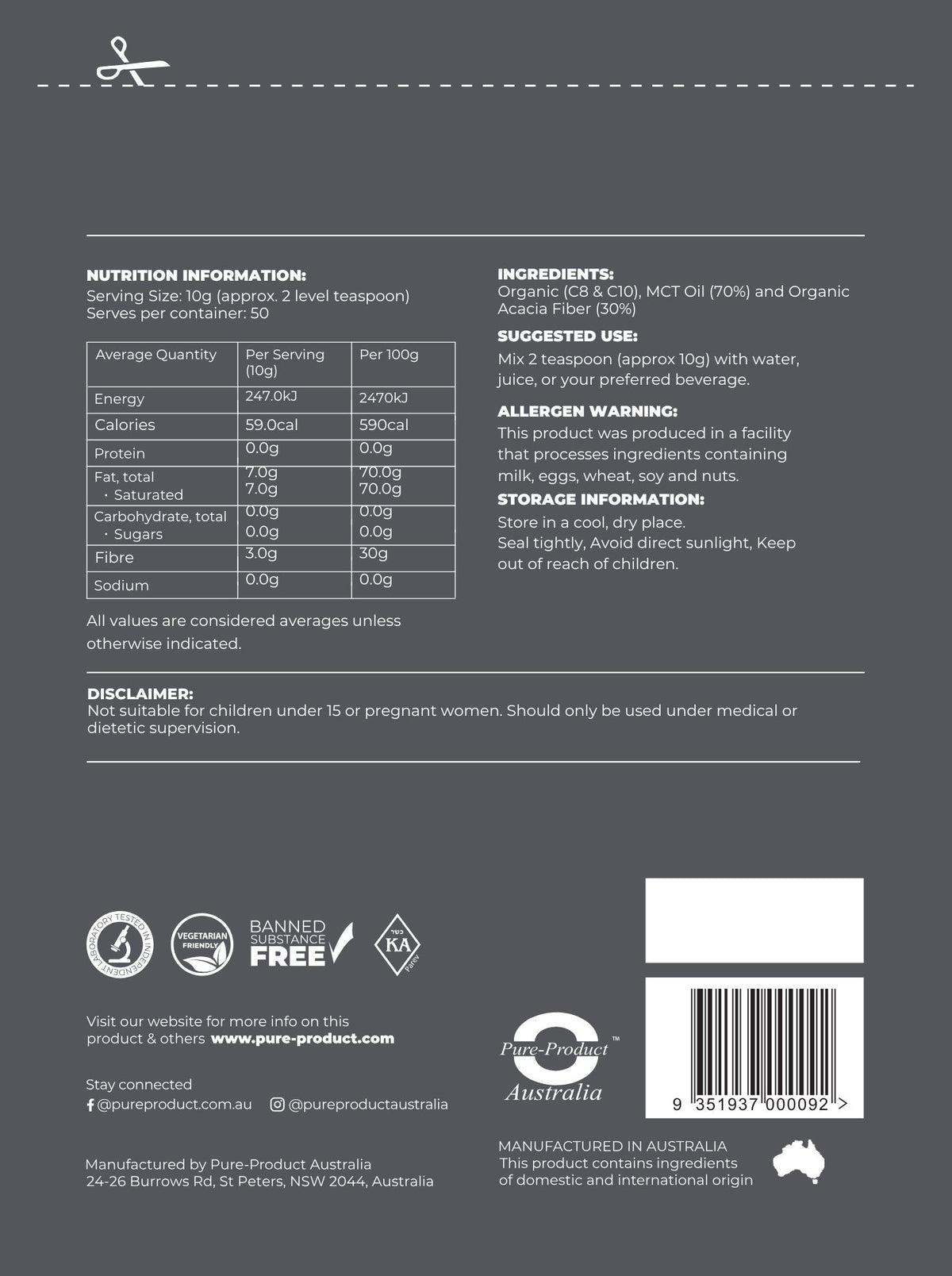 MCT Medium Chain Triglycerides nutrition information panel