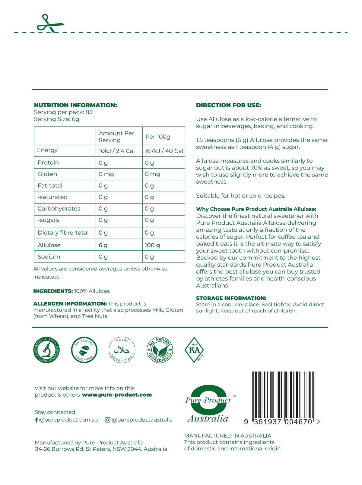 Nutrition information and directions for use of Allulose sweetener, a natural sugar alternative by Pure Product Australia.