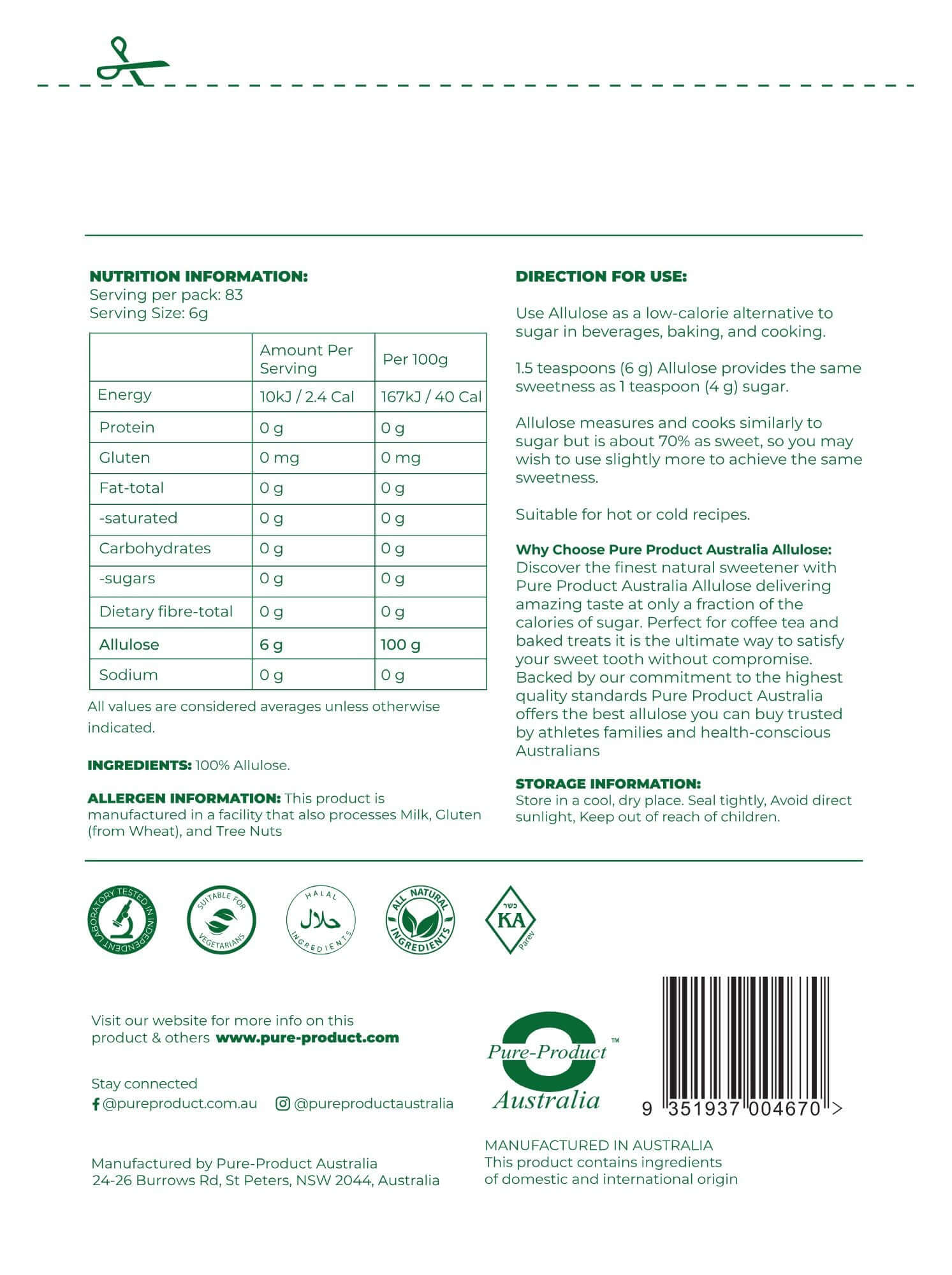 Allulose 100% natural sweetener Pure Product Australia