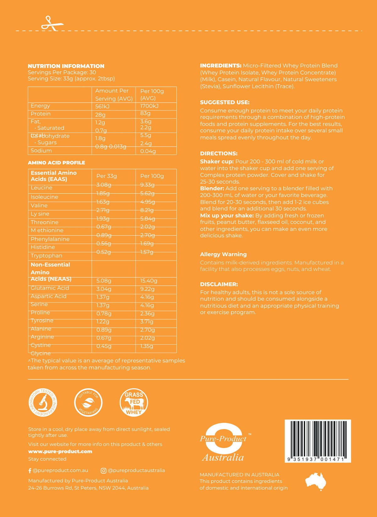 Complex Protein blend vanilla nutrition information panel