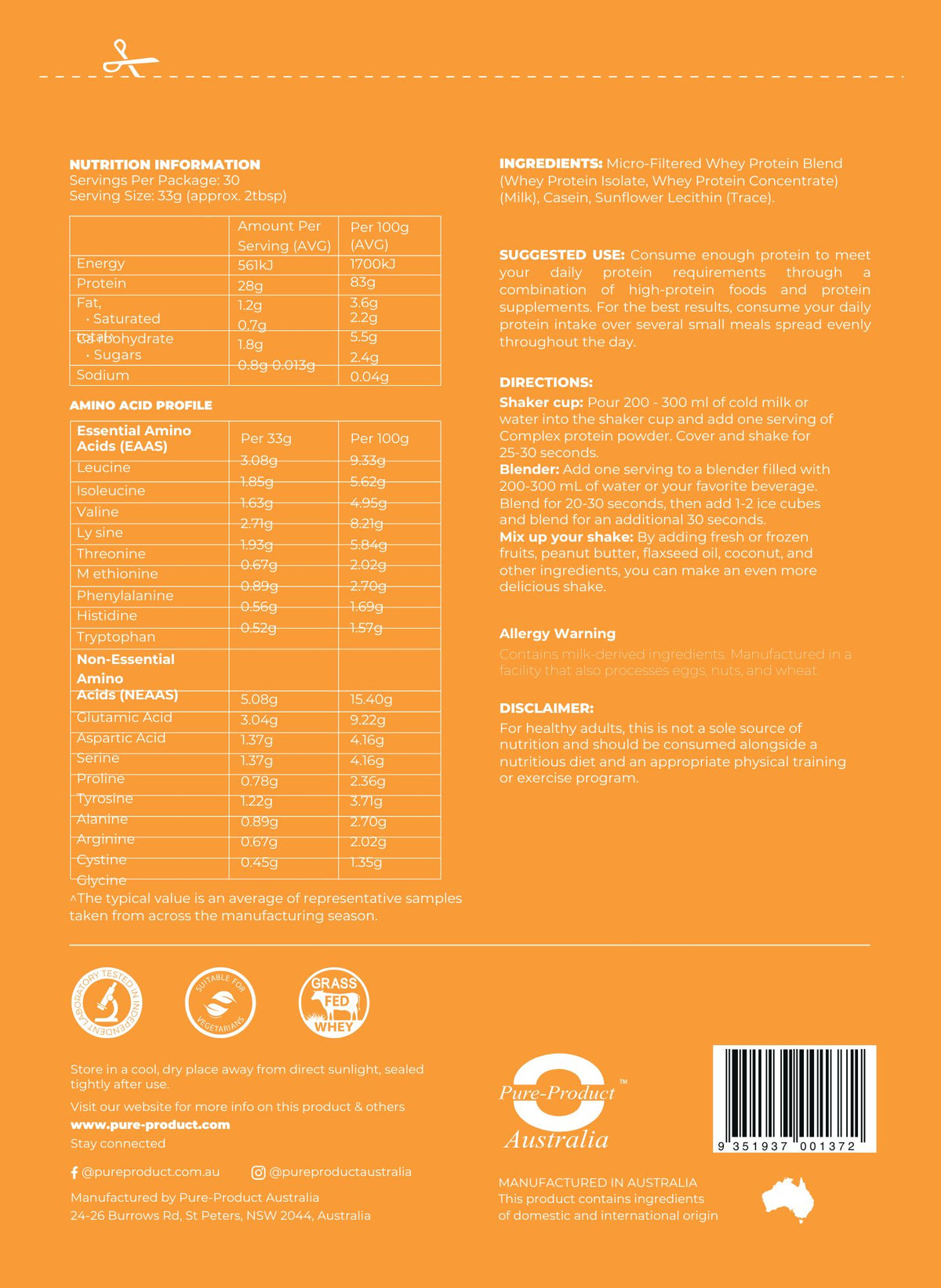 Complex Protein blend unflavoured nutrition information panel