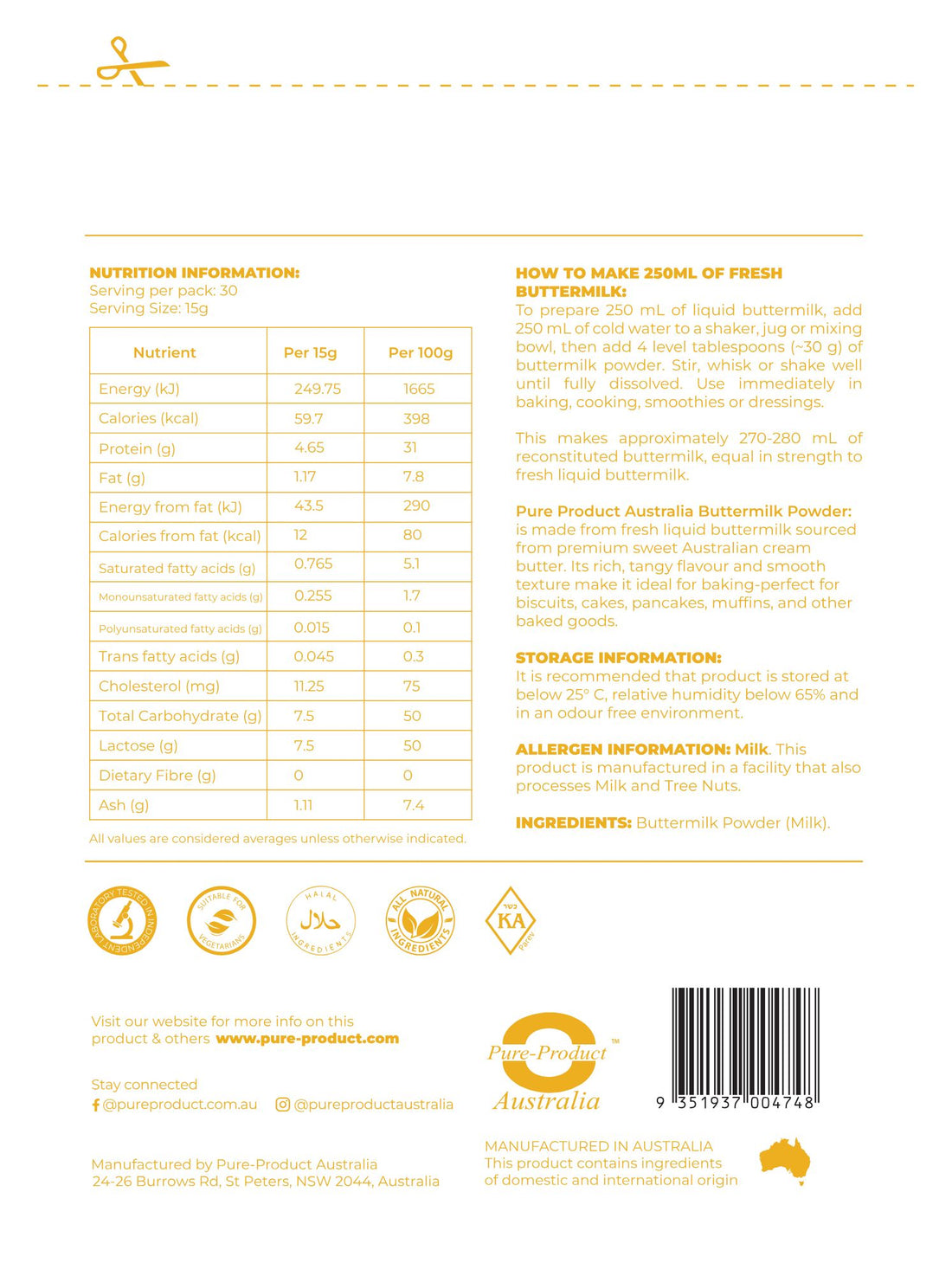 Buttermilk Powder nutrition information panel