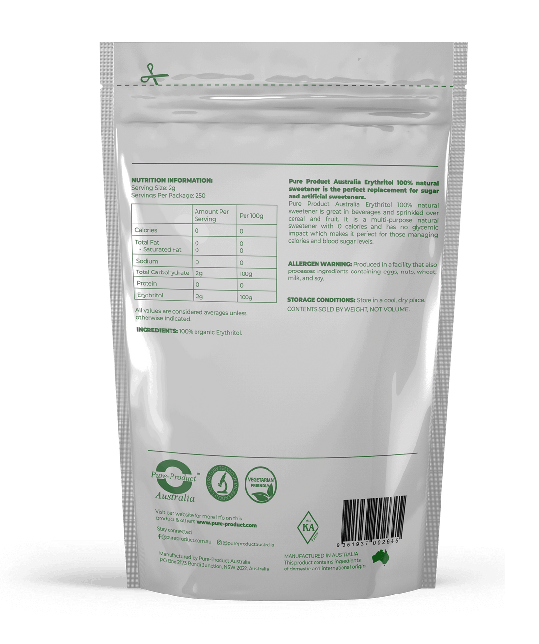 Back view of Erythritol 100% Natural Sweetener packaging displaying nutritional information and product details.