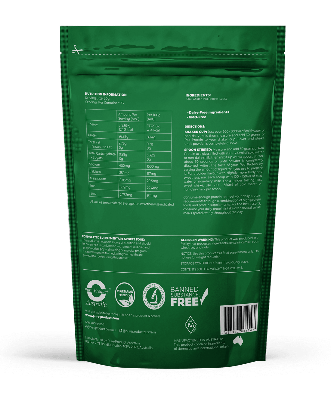 Back view of Pea Protein Isolate packaging showing nutritional information and ingredients list