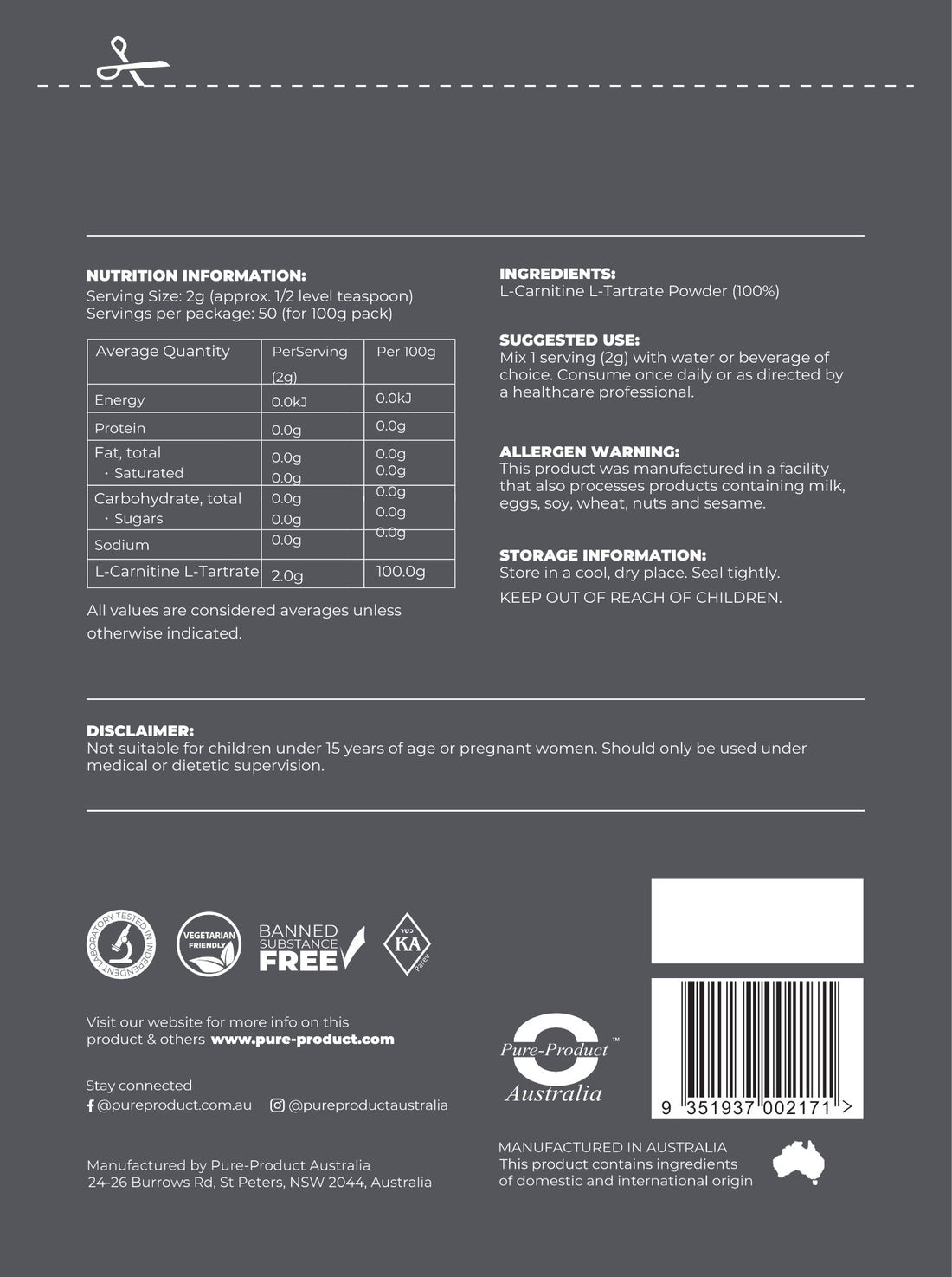 L-Carnitine Tartrate Powder supplement facts and usage instructions for training and recovery | Pure Product Australia