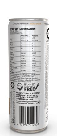Pre-workout ready to drink nutrition information on an orange energy can from Pure Product Australia.