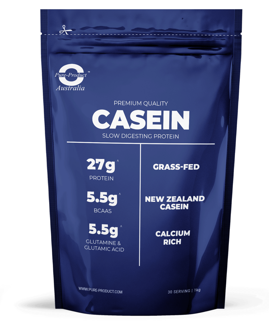Micellar casein protein powder - Pure Performance Casein from grass-fed New Zealand cows, hormone-free, GMO-free, 27g protein per serving.