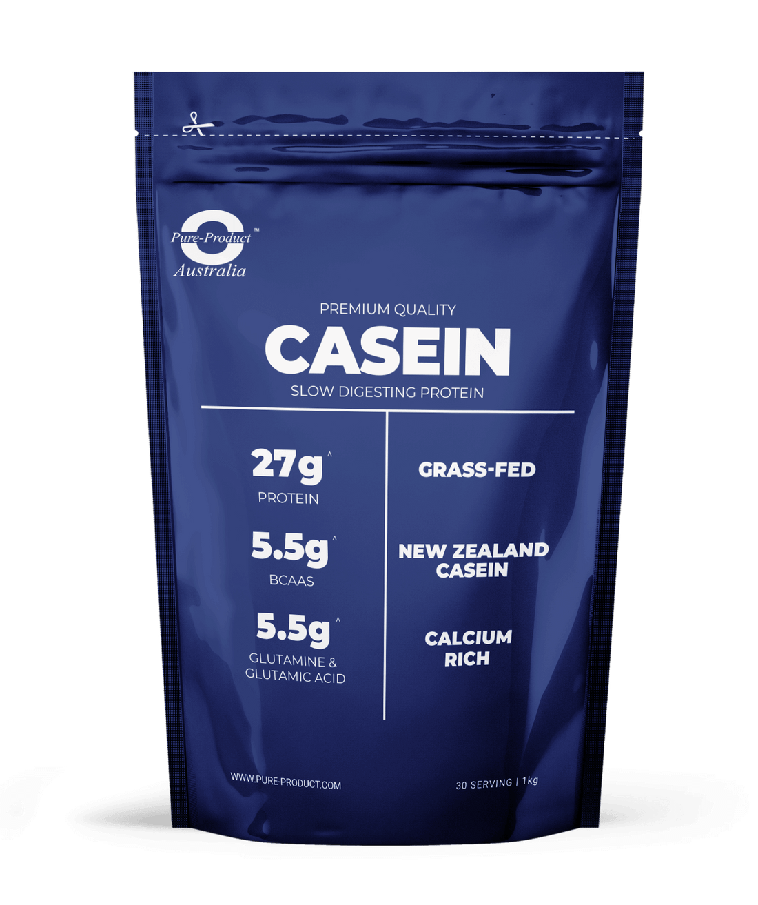 Premium grass-fed micellar casein protein pouch with 27g protein, 5.5g BCAAs, and 5.5g glutamine for athletes.
