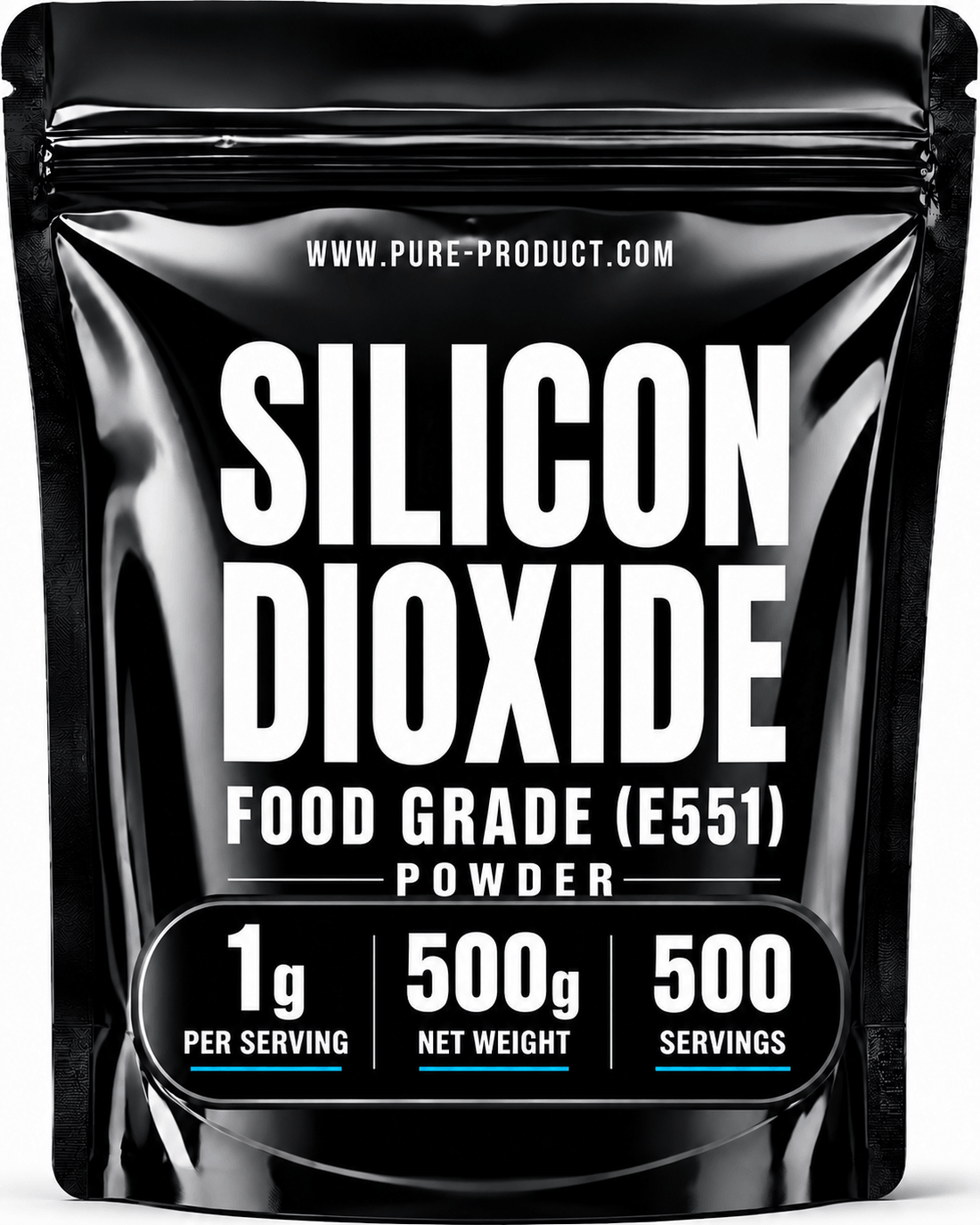 Silicon Dioxide Food Grade (E551) powder packaging, 500g net weight for food industry use.
