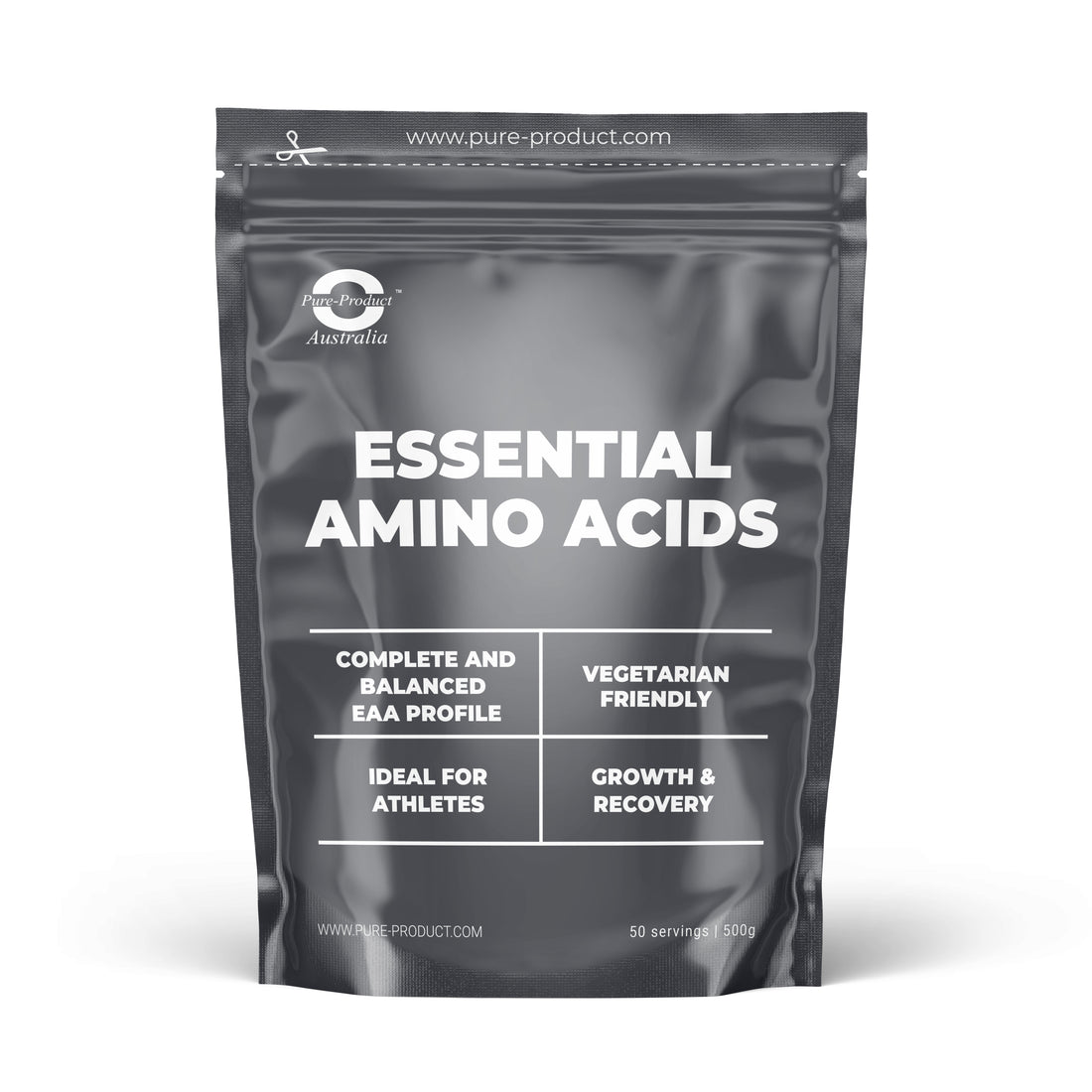 Essential Amino Acids powder package featuring complete EAA blend for growth and recovery, ideal for athletes.