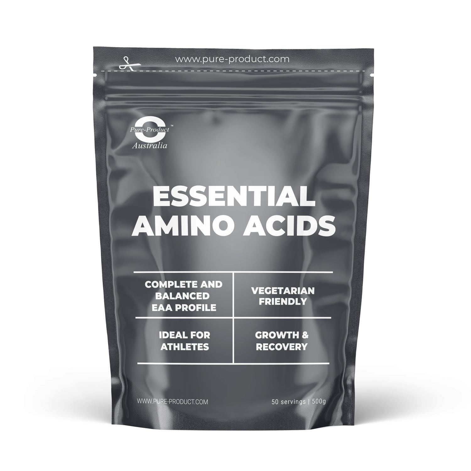 Essential Amino Acids powder package featuring complete EAA blend for growth and recovery, ideal for athletes.