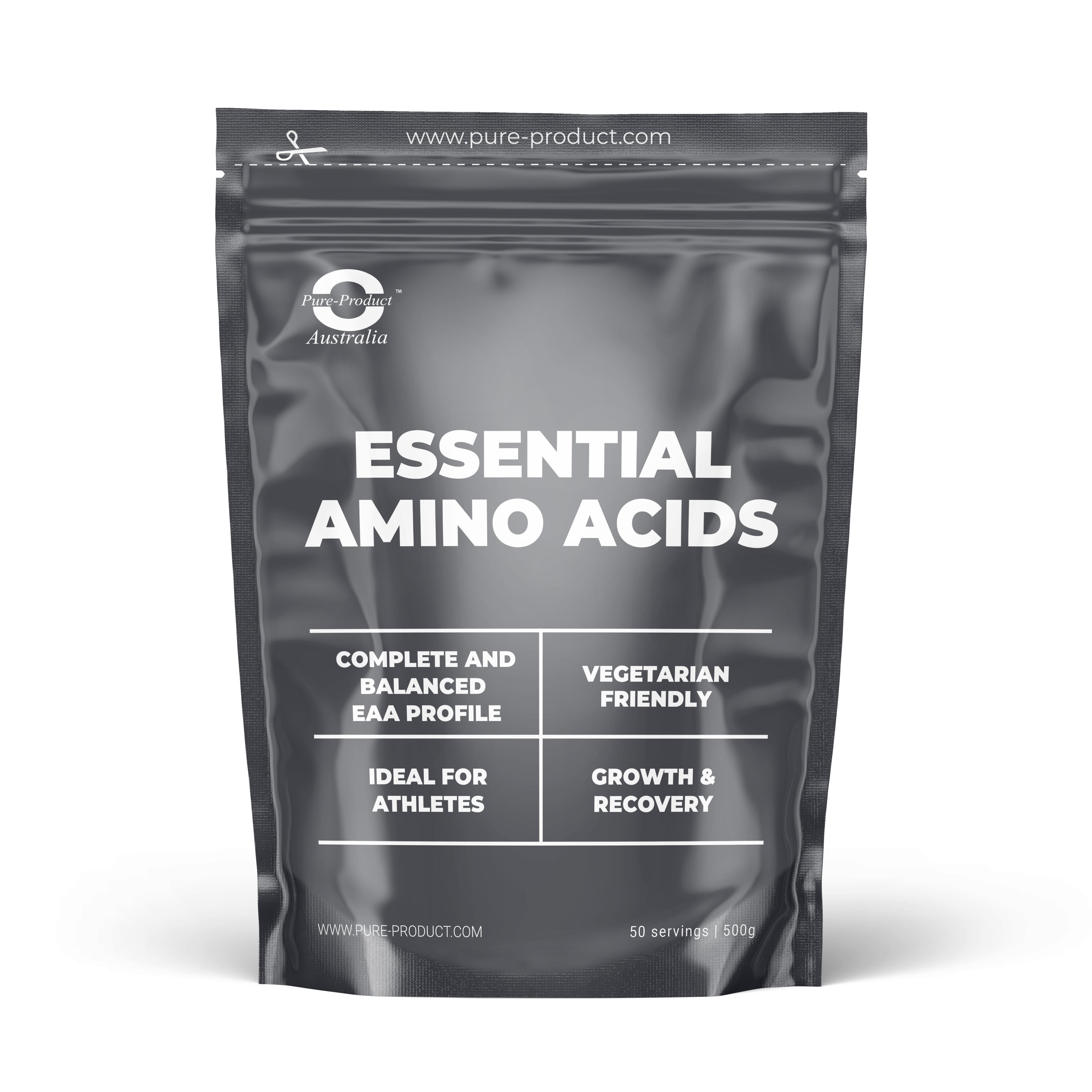Essential Amino Acids powder package featuring complete EAA blend for growth and recovery, ideal for athletes.