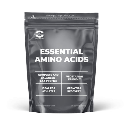 Essential Amino Acids powder package featuring complete EAA blend for growth and recovery, ideal for athletes.