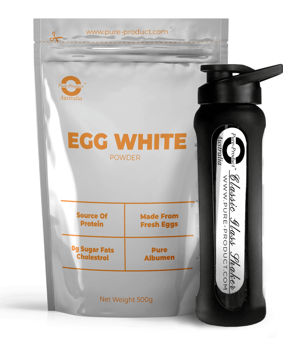 Pure Product Australia Egg White Powder 500g pack and bottle - high protein, no sugar, fat, or cholesterol
