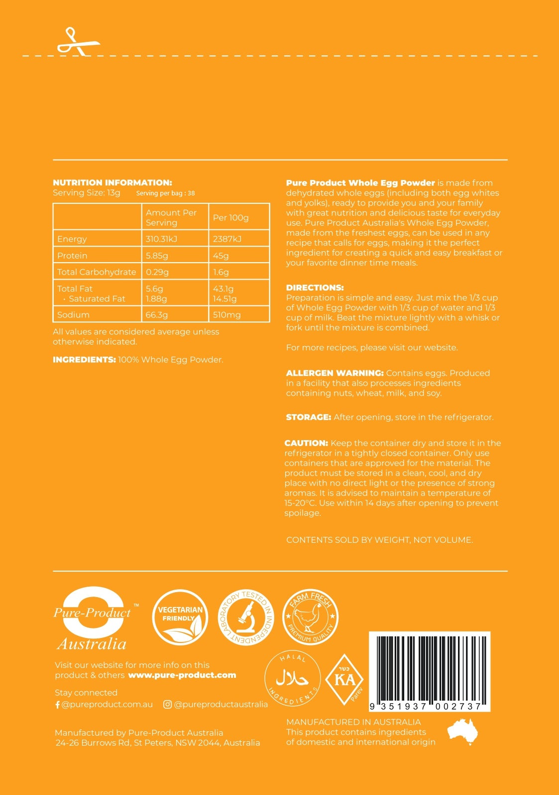 Whole Egg Powder nutrition information panel