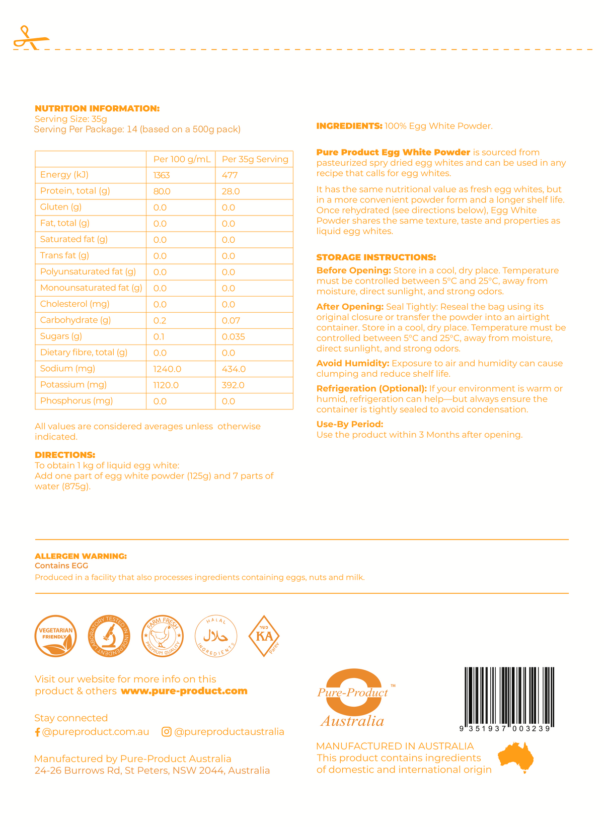 Egg White Powder nutrition information panel